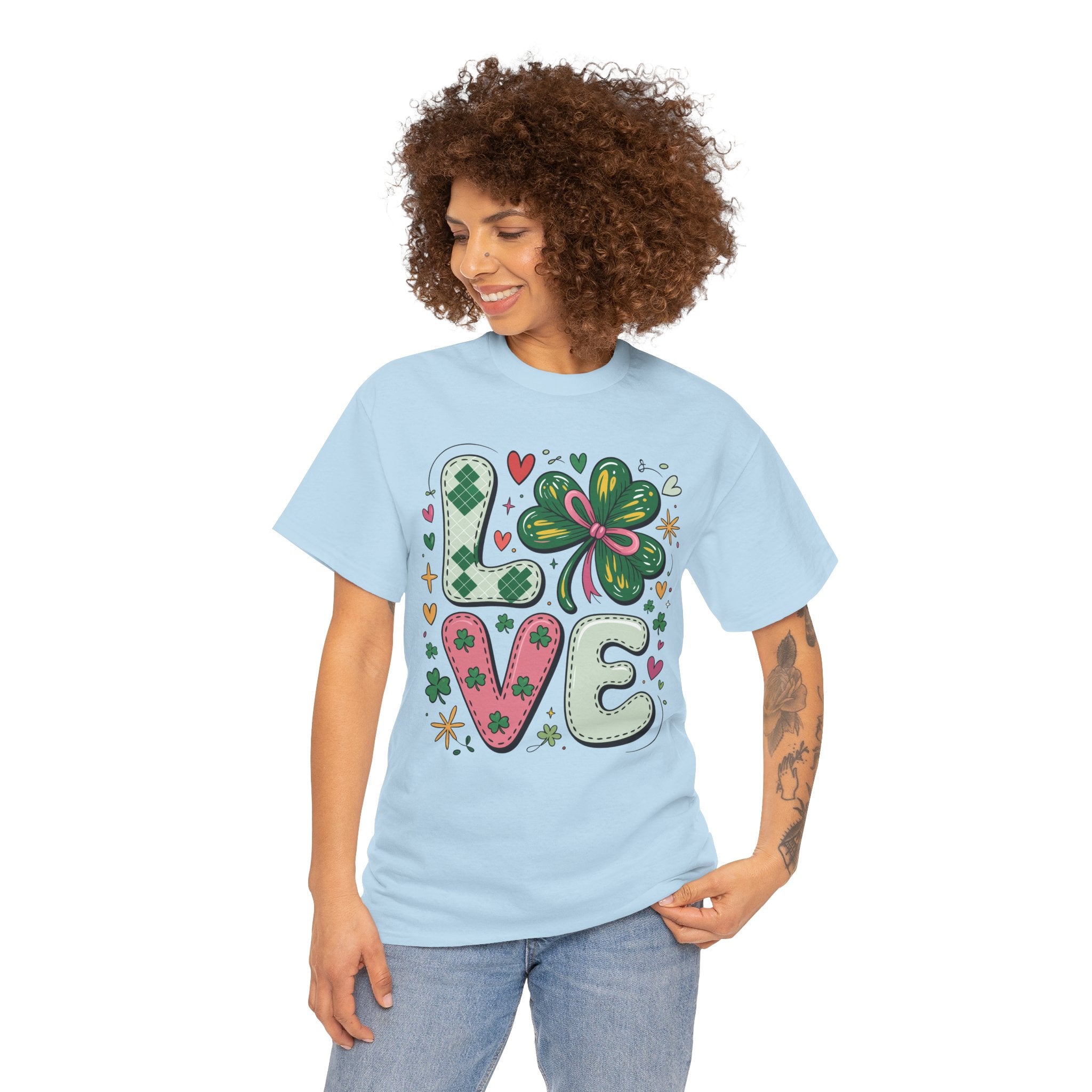 Stitched Clover 'LOVE' Tee — Heart & Patchwork St. Patrick's Unisex Cotton T-Shirt