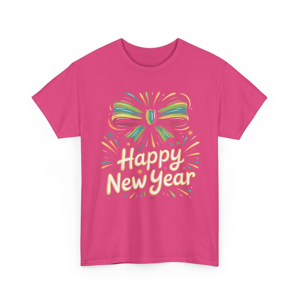 Happy New Year Pastel Tee — Rainbow Bow & Fireworks Celebration Unisex Cotton Tshirt