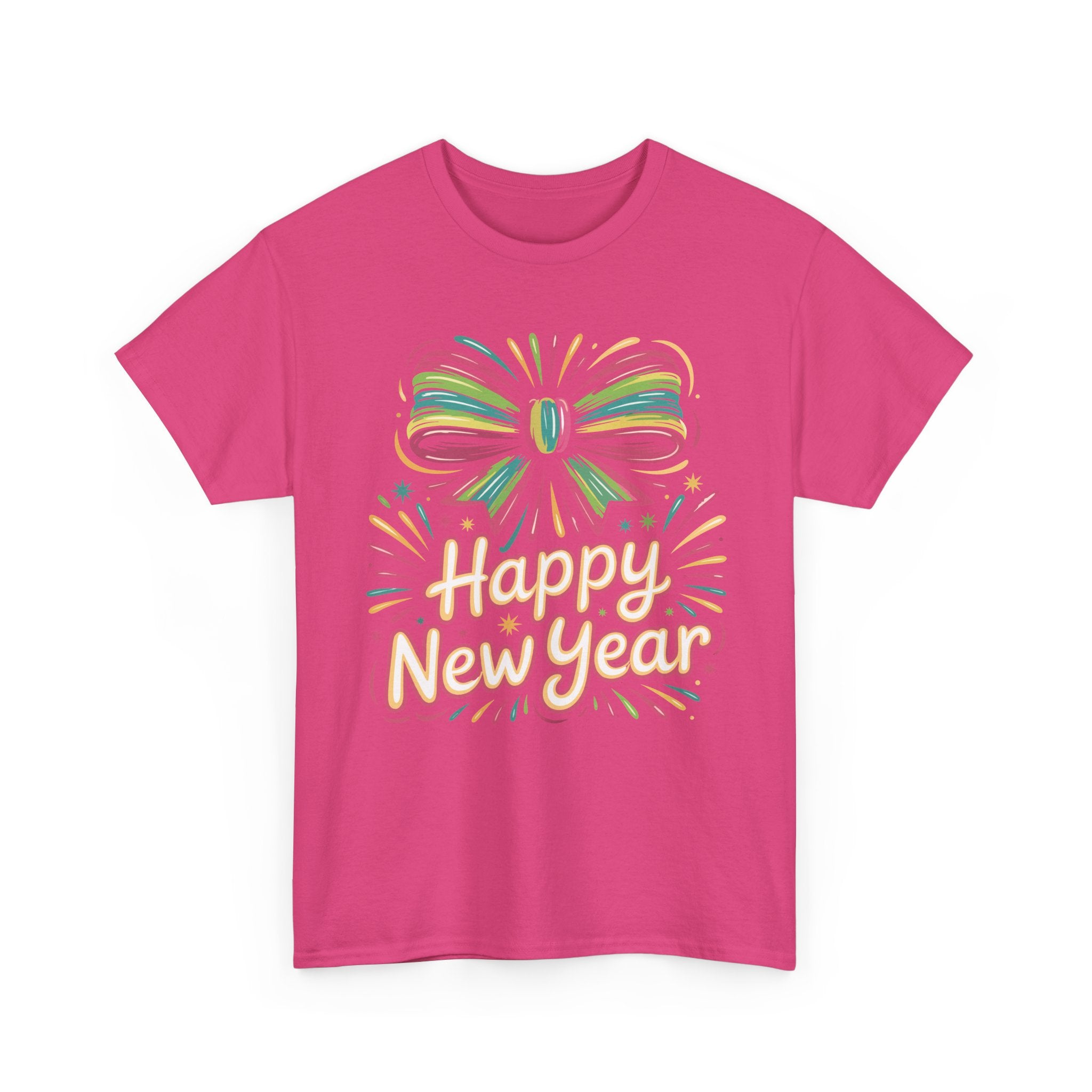 Happy New Year Pastel Tee — Rainbow Bow & Fireworks Celebration Unisex Cotton Tshirt
