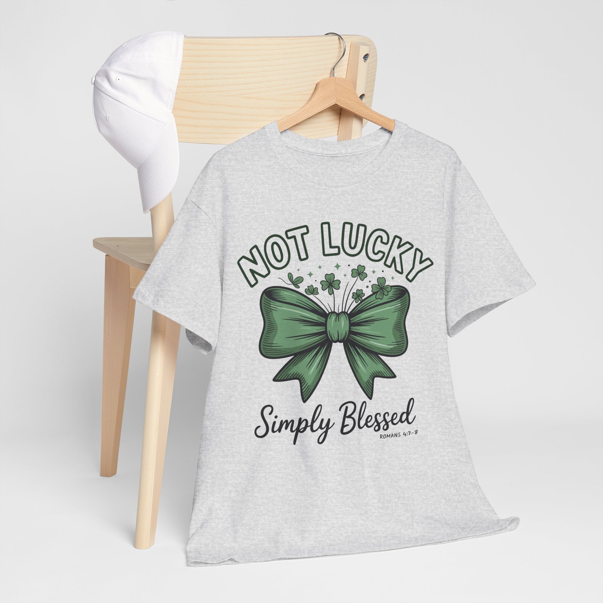 Not Lucky, Simply Blessed T-Shirt — Green Bow & Clovers St. Patrick’s Unisex Cotton Tee