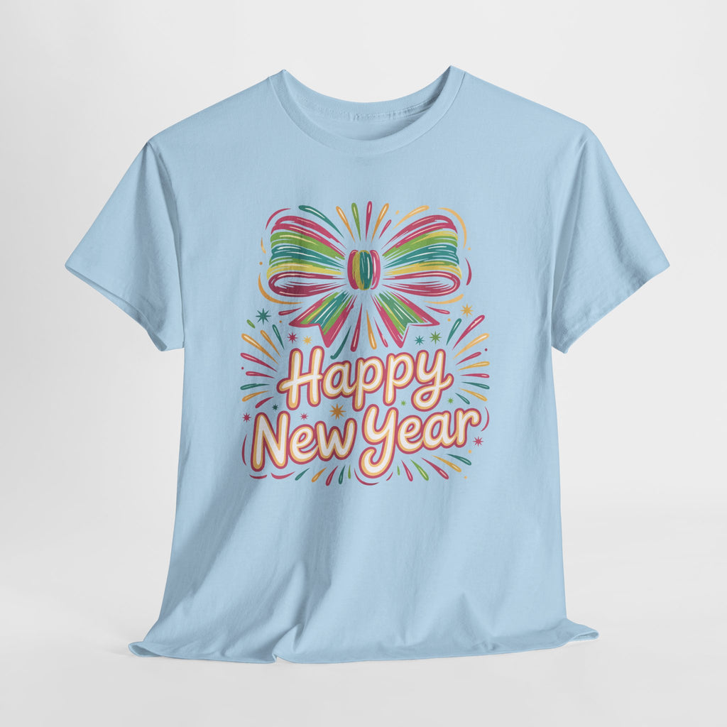 Happy New Year Pastel Tee — Rainbow Bow & Fireworks Celebration Unisex Cotton Tshirt