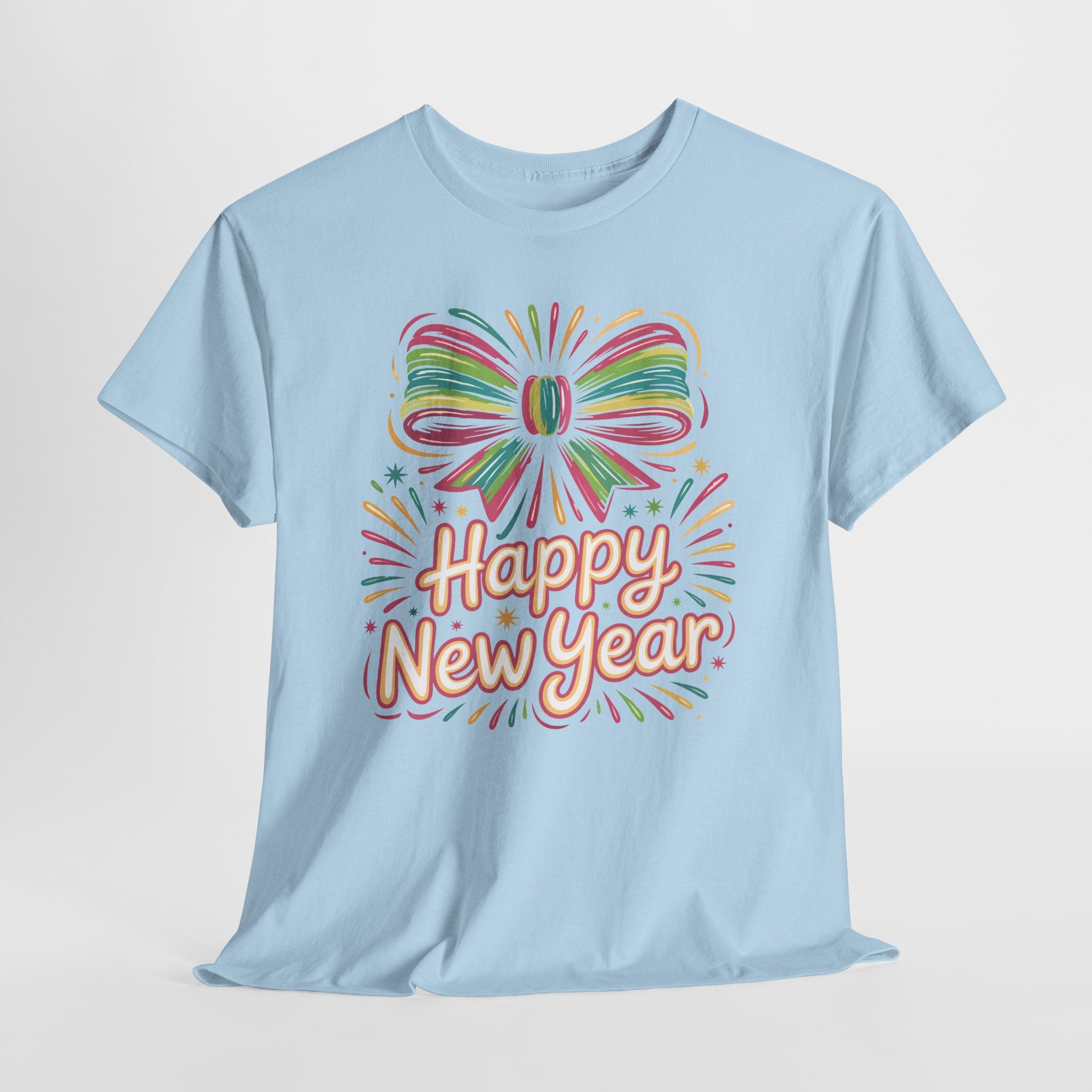 Happy New Year Pastel Tee — Rainbow Bow & Fireworks Celebration Unisex Cotton Tshirt