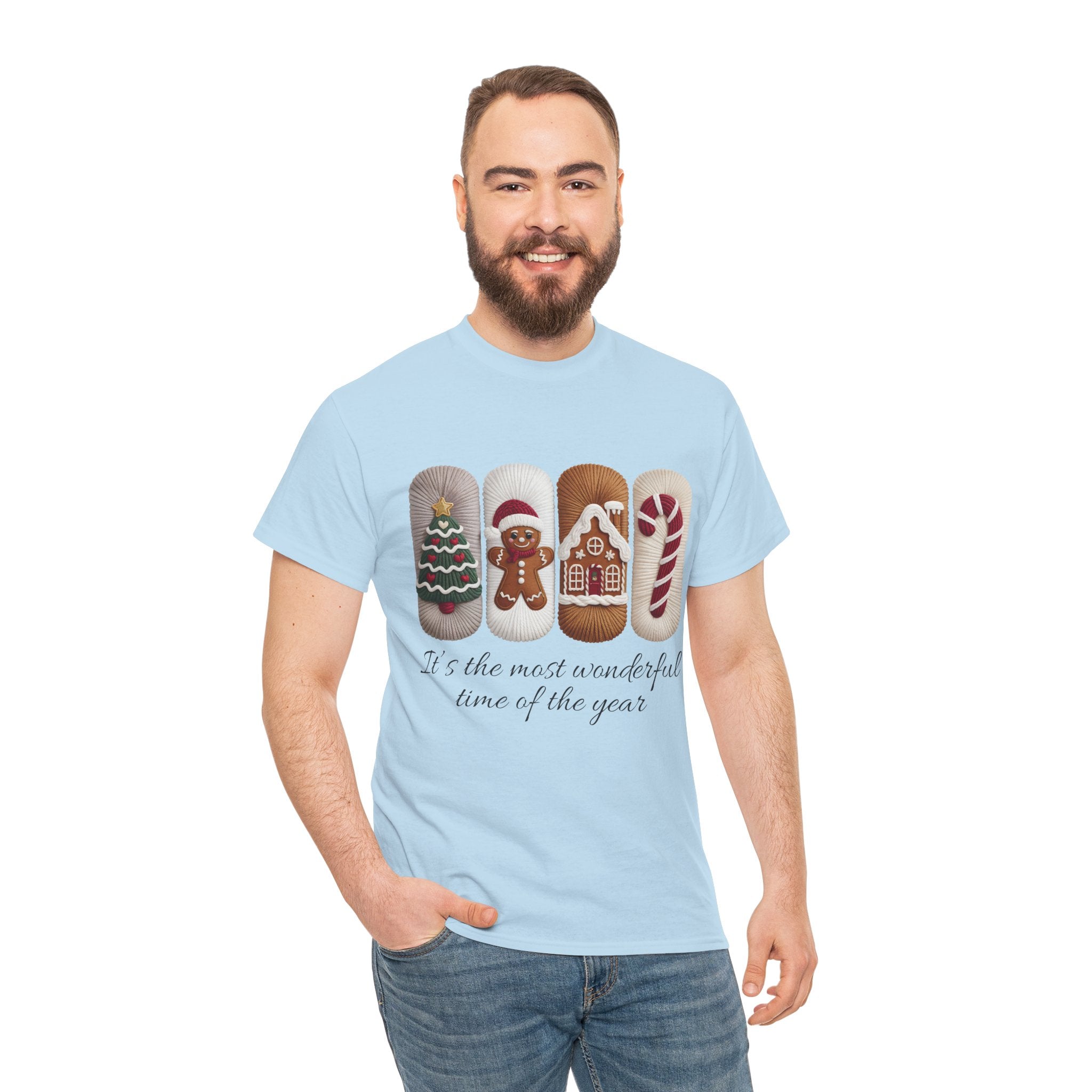 Christmas Faux-Yarn Tree Tee — Gingerbread House & Candy Cane Holiday Unisex Cotton T-Shirt