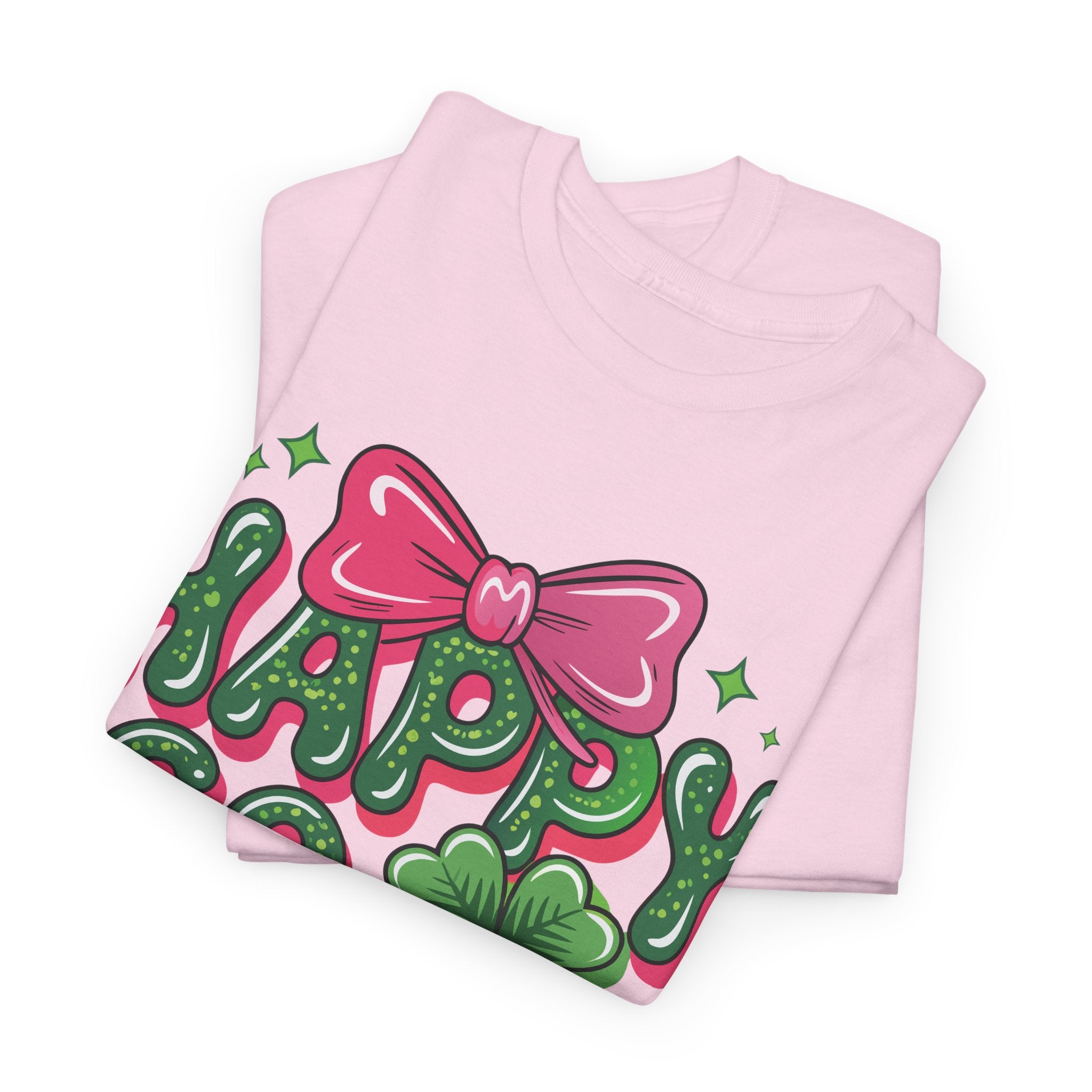 Happy Go Lucky Four-Leaf Clover Tee — Glossy Green Letters & Pink Bow Unisex Cotton Tee