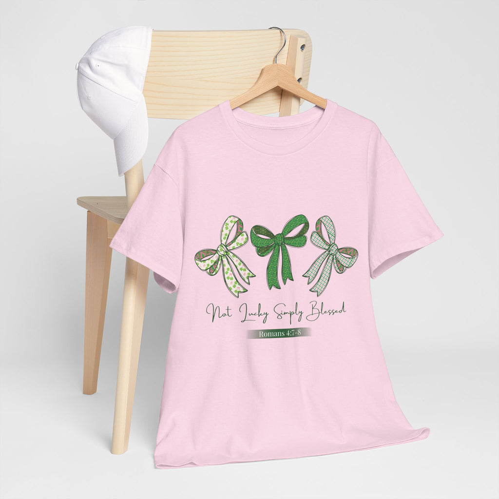 Not Lucky Simply Blessed Tee — Romans 4:7-8 Green Bow Christian Unisex Cotton T-Shirt