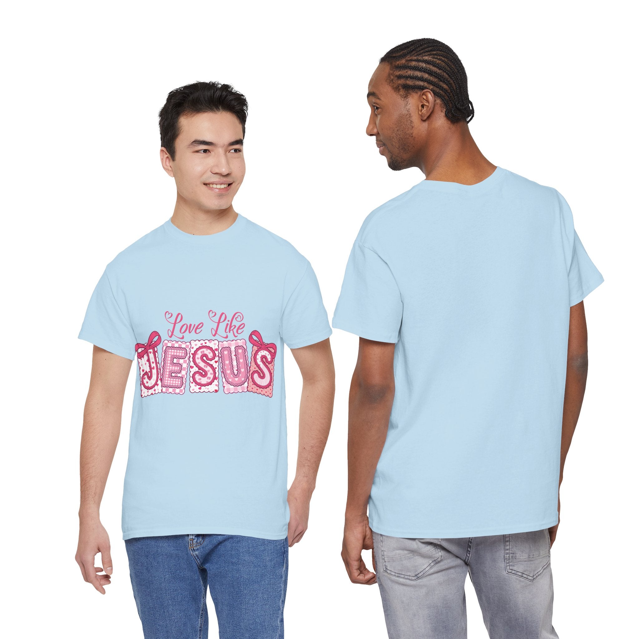 Love Like Jesus Patchwork Tee — Pink Stitched Heart Graphic.Unisex Cotton Tee