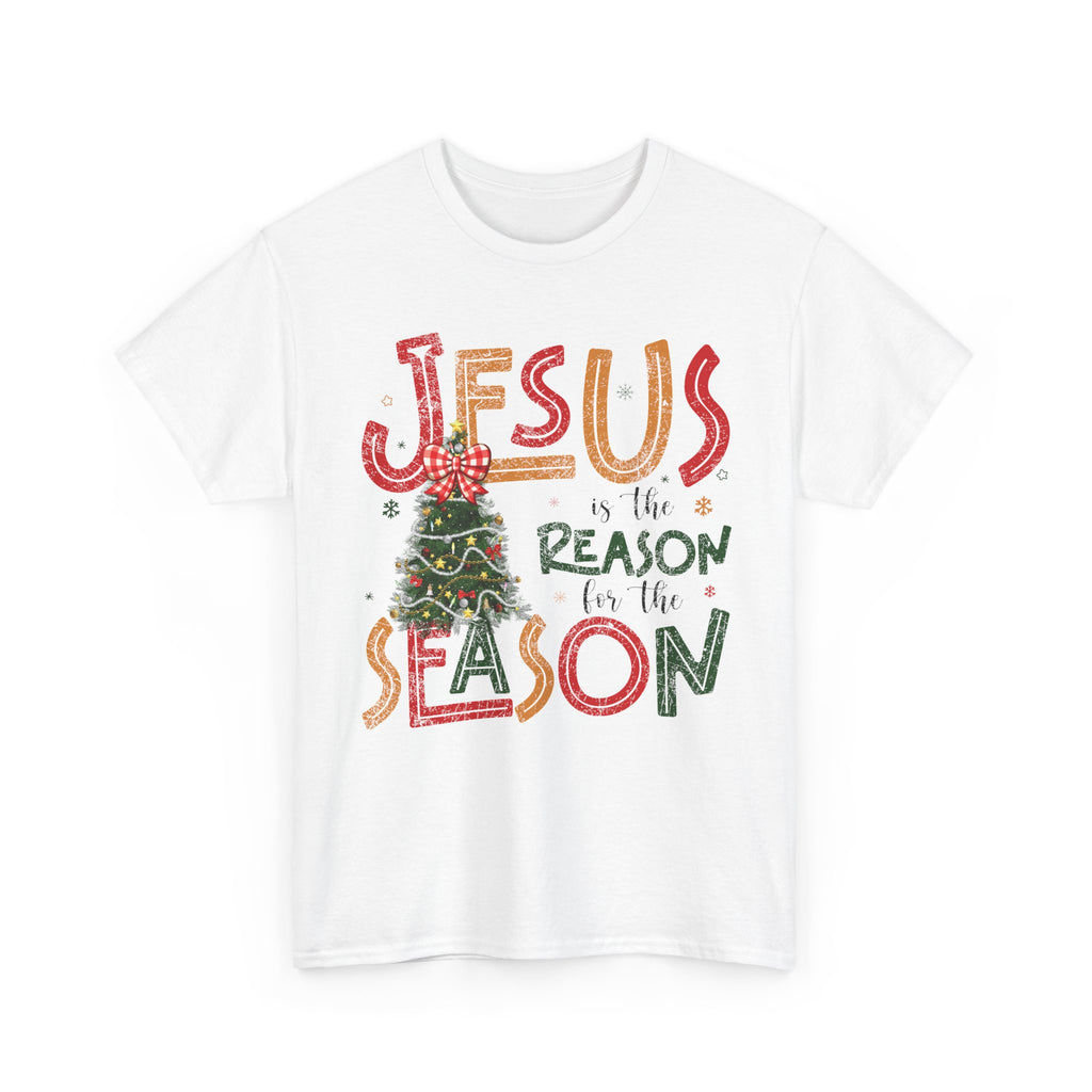 Jesus Is the Reason for the Season Christmas T-Shirt — Plaid Bow Tree..Unisex Cotton Tee