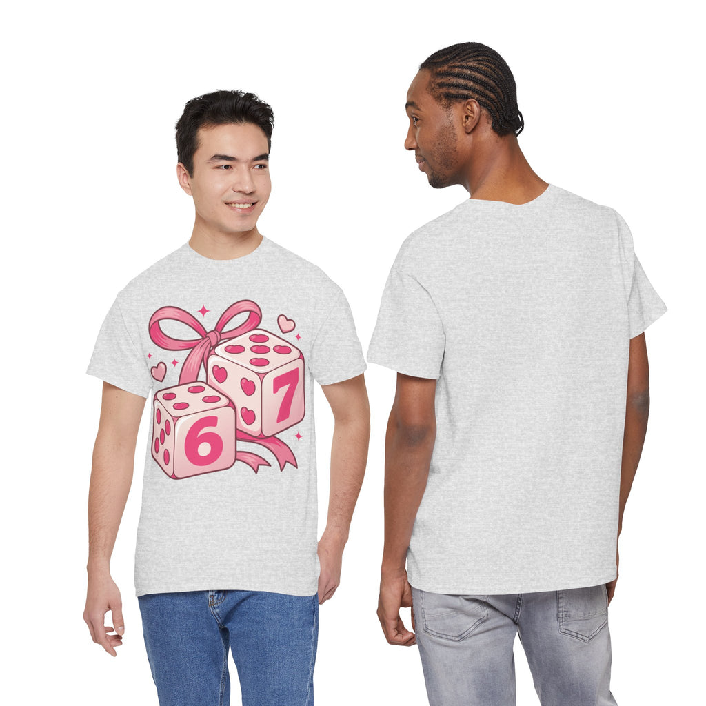 Lucky Love Dice T-Shirt — Pink Heart Dice with Bow..Unisex Cotton Tee