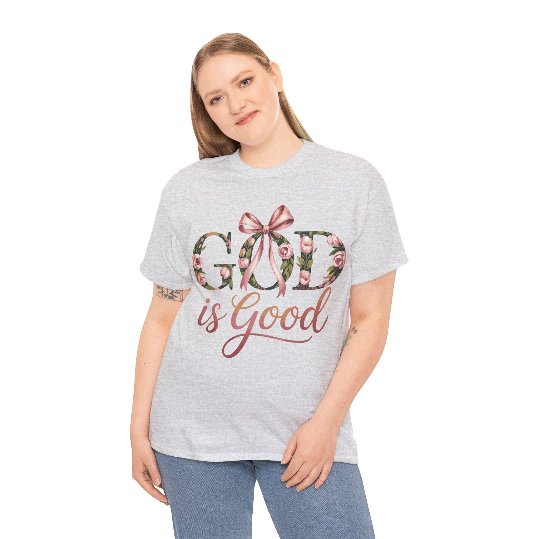 God Is Good Pink Rose Tee — Floral Ribbon Faith Unisex Cotton T-Shirt