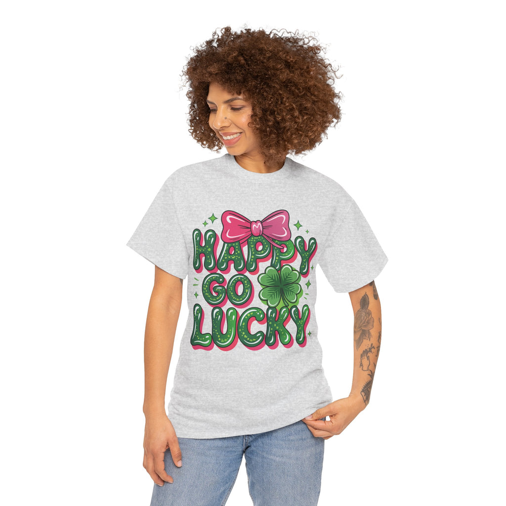 Happy Go Lucky Four-Leaf Clover Tee — Glossy Green Letters & Pink Bow Unisex Cotton Tee