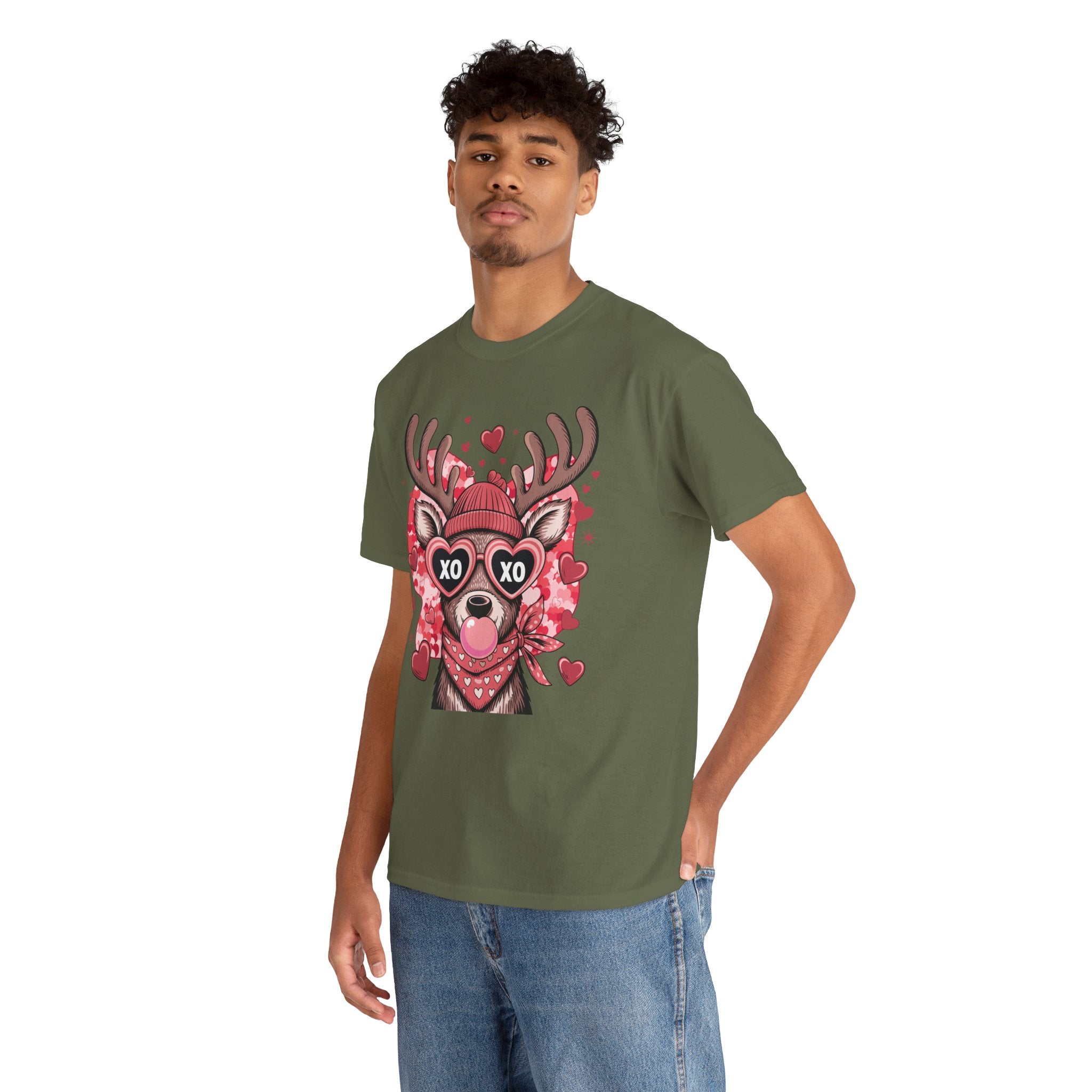 Valentine Deer Tee — Cute XO Heart Glasses, Beanie & Scarf Unisex Cotton Tshirt