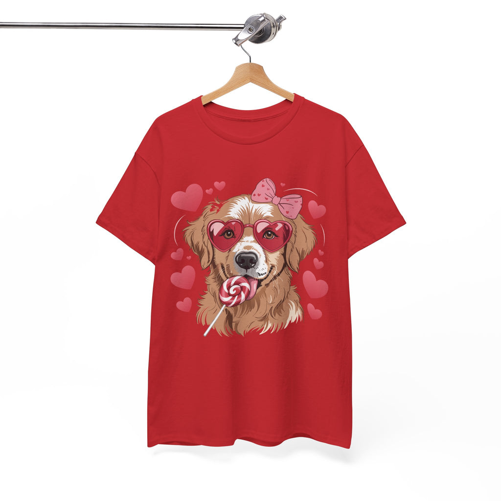 Valentine Dog T-Shirt — Cute Pup with Heart Glasses, Pink Bow & Lollipop..Unisex Cotton Tee