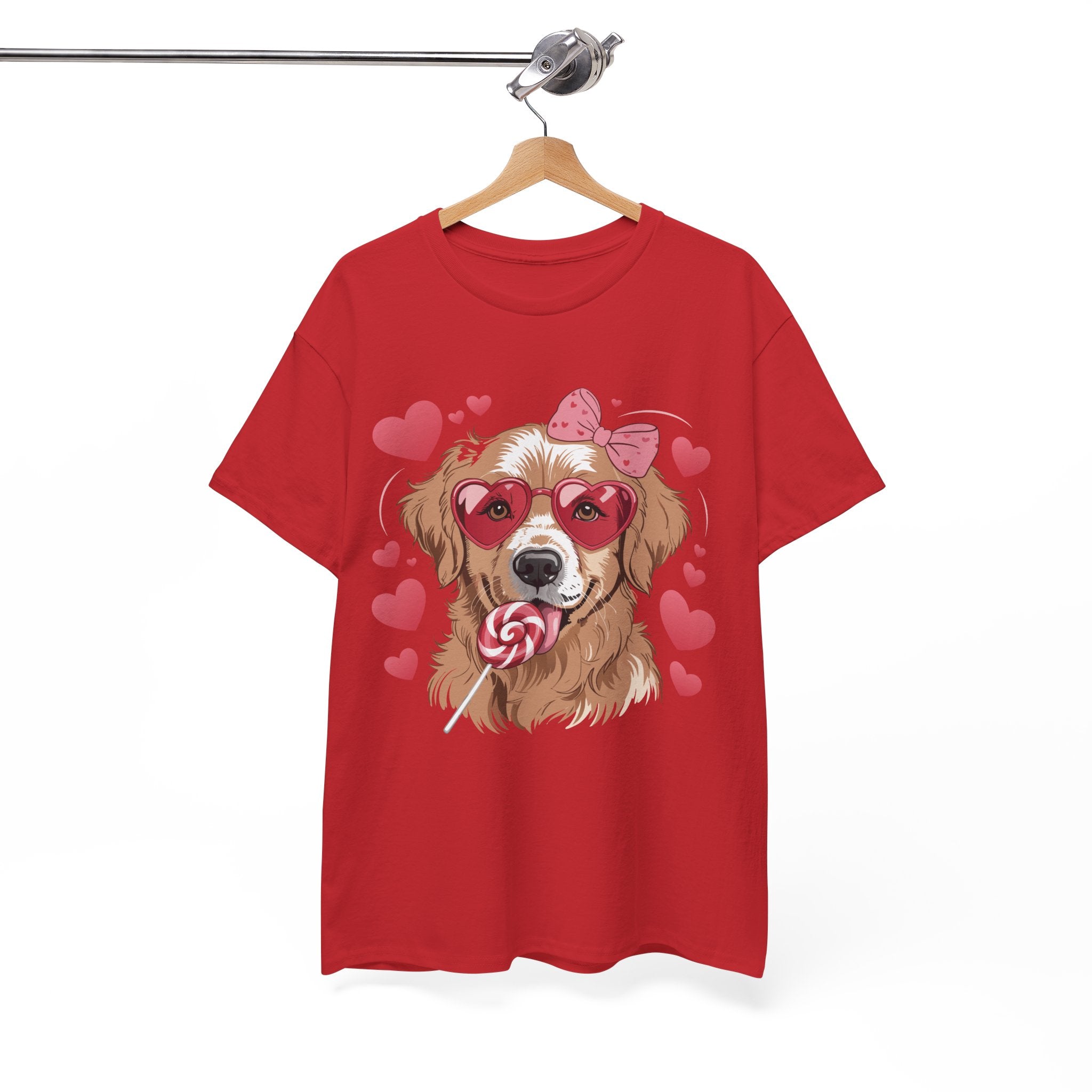 Valentine Dog T-Shirt — Cute Pup with Heart Glasses, Pink Bow & Lollipop..Unisex Cotton Tee