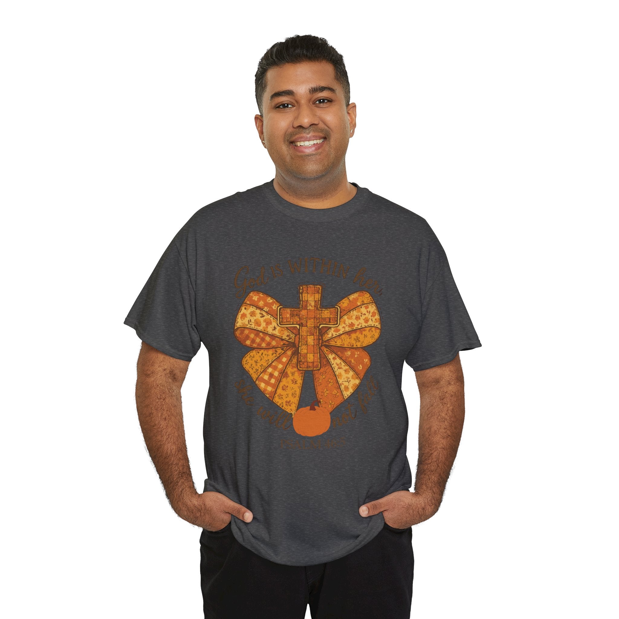 Psalm 46:5 Cross Patchwork Tee — Fall Bow Christian Unisex Cotton T-Shirt