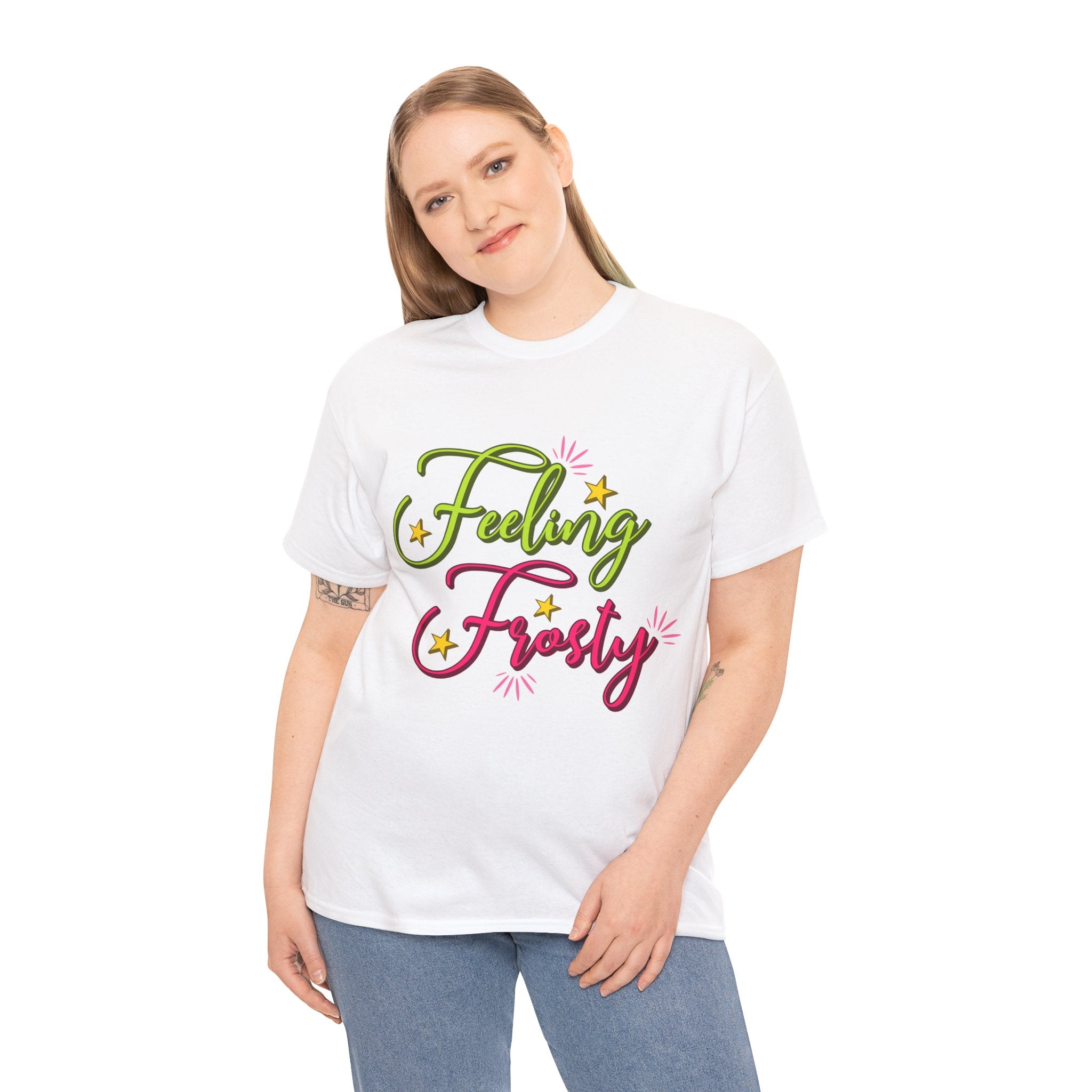 Feeling Frosty Holiday T-Shirt — Green & Pink Script Stars.Unisex Cotton Tee