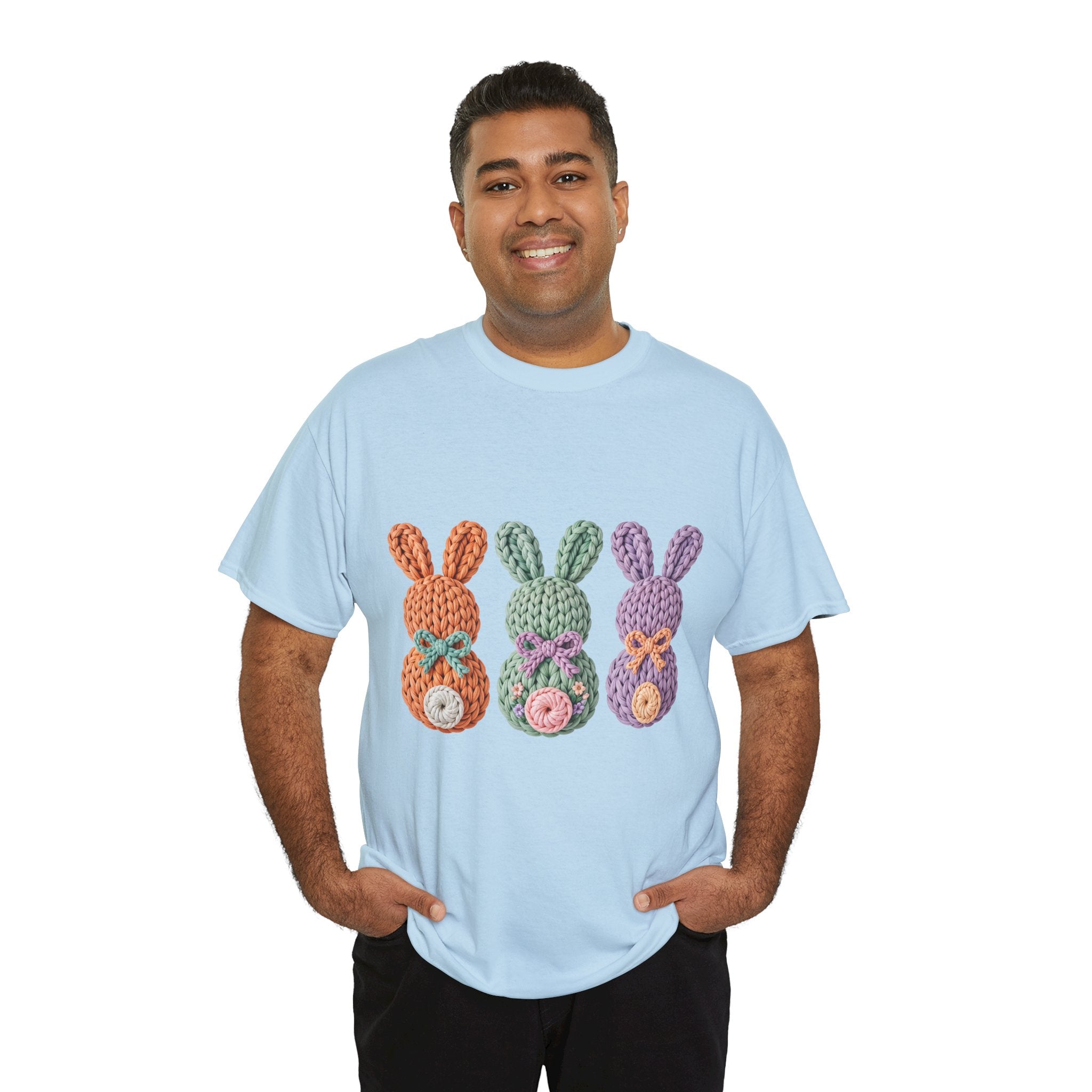 Pastel Crochet Bunny Tee — Trio of Faux Knit Bunnies with Bows & Flowers Unisex Cotton Tee