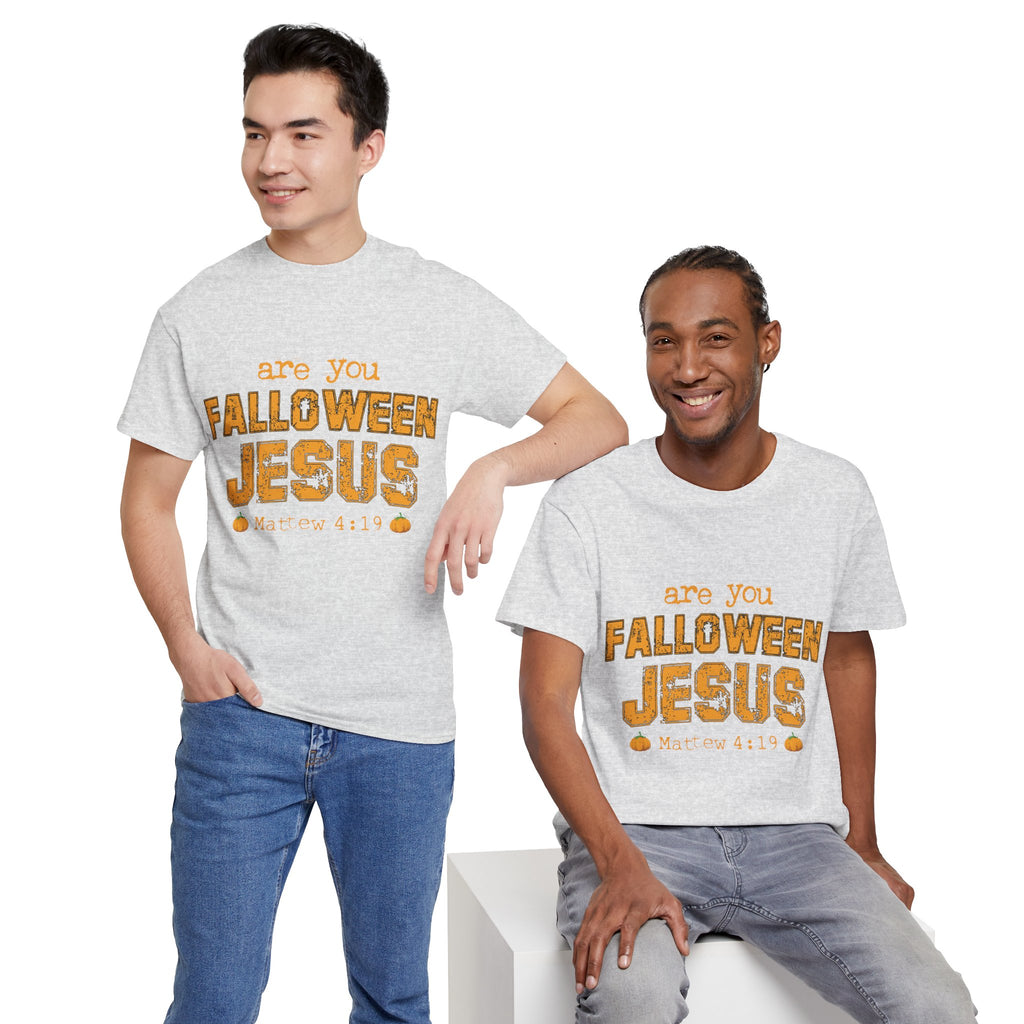 Christian Halloween T-Shirt — “Are You Falloween Jesus? Matthew 4:19” Distressed Pumpkin Design. Unisex Cotton Tee