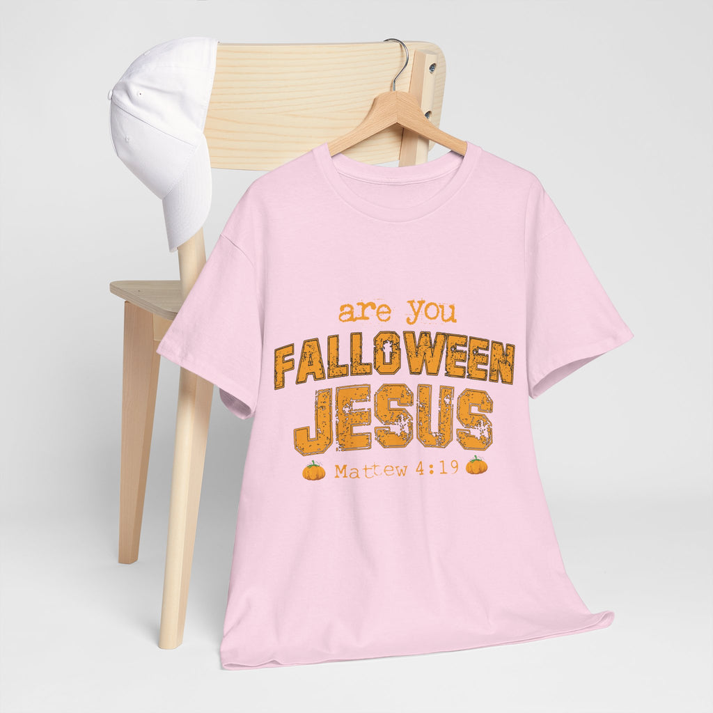 Christian Halloween T-Shirt — “Are You Falloween Jesus? Matthew 4:19” Distressed Pumpkin Design. Unisex Cotton Tee