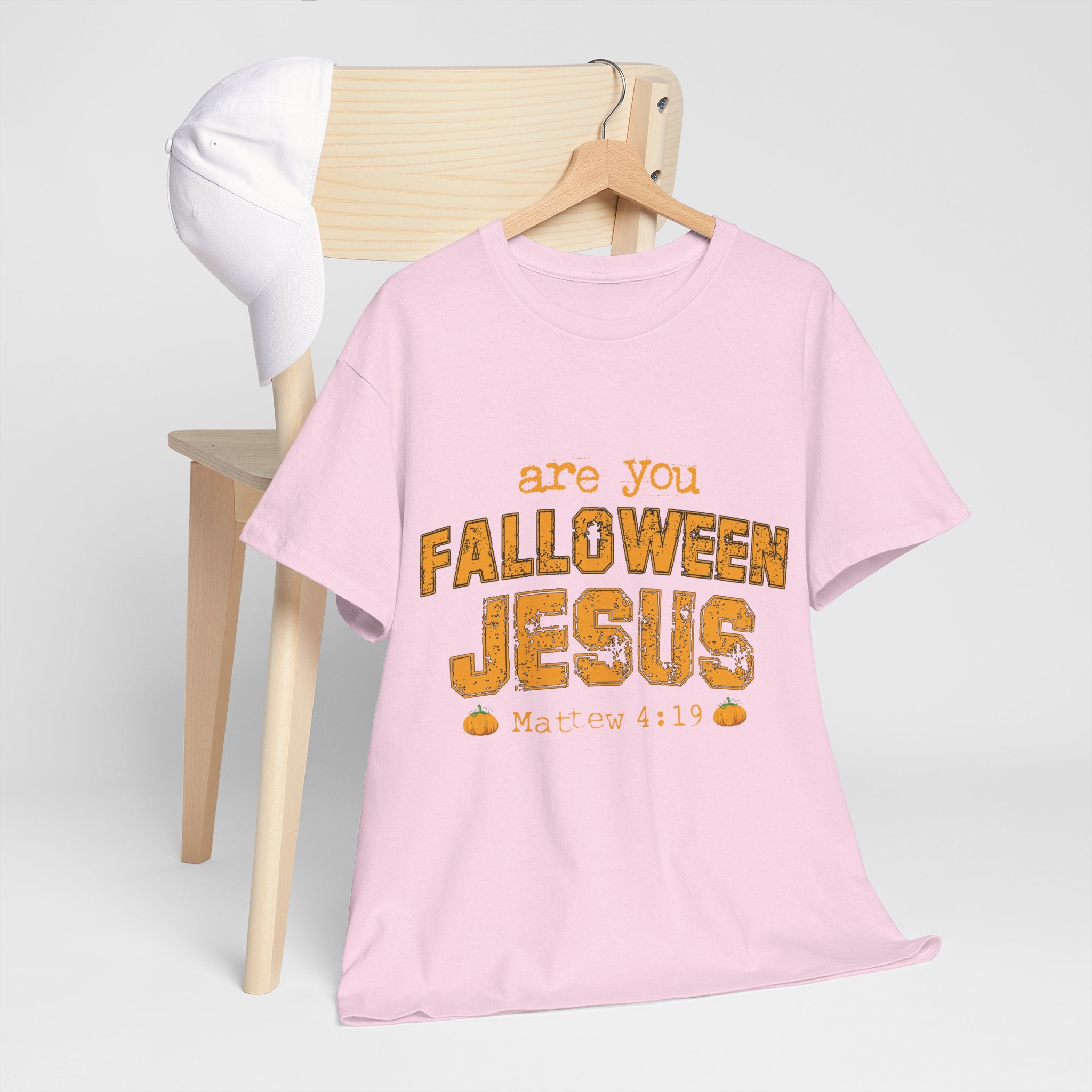 Christian Halloween T-Shirt — “Are You Falloween Jesus? Matthew 4:19” Distressed Pumpkin Design. Unisex Cotton Tee