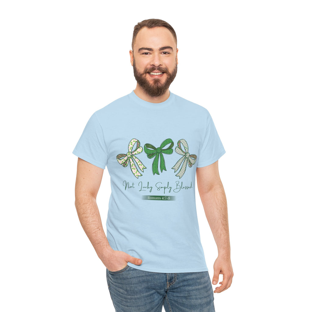 Not Lucky Simply Blessed Tee — Romans 4:7-8 Green Bow Christian Unisex Cotton T-Shirt