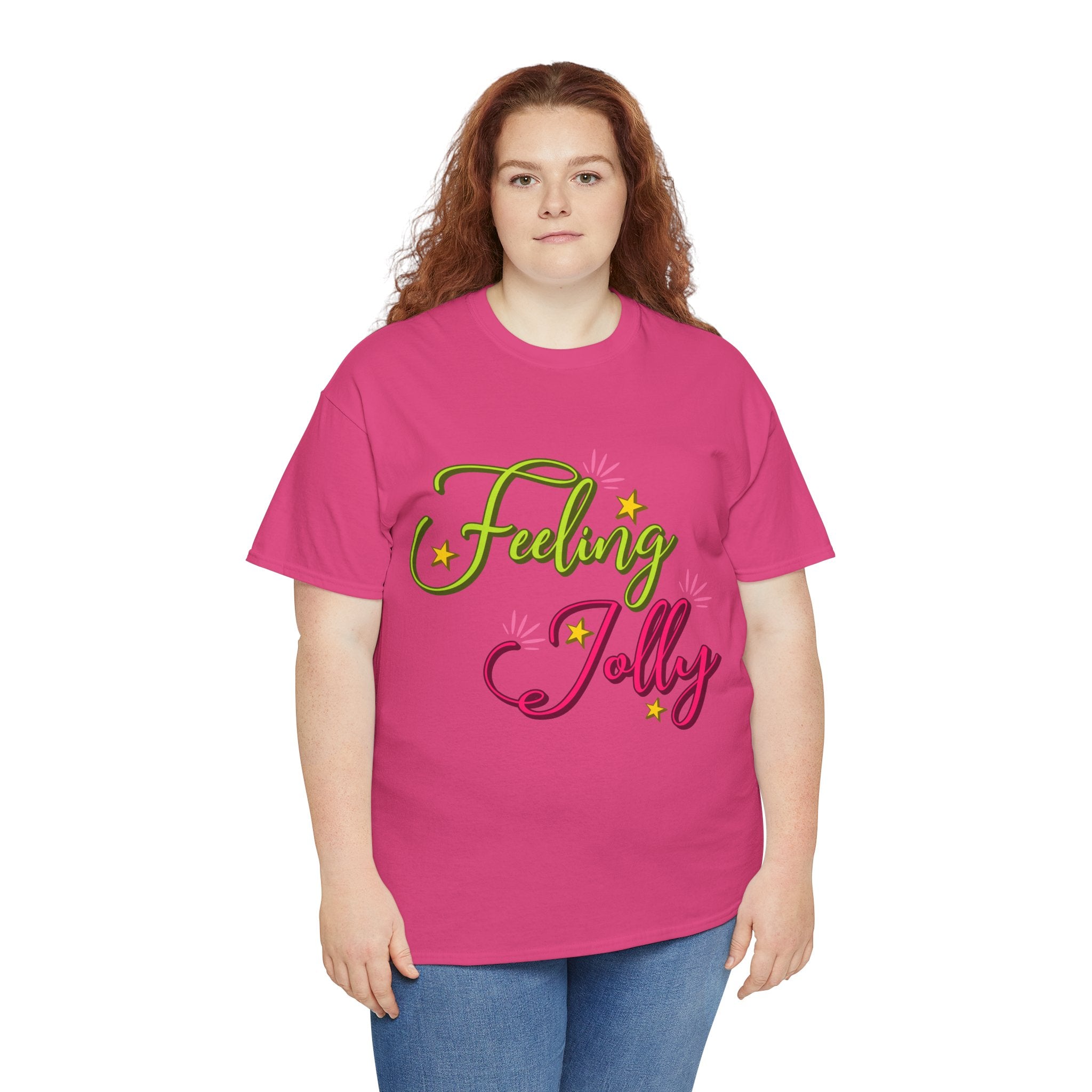 Feeling Jolly Tee — Festive Green & Pink Script with Yellow Stars Unisex Cotton Tee