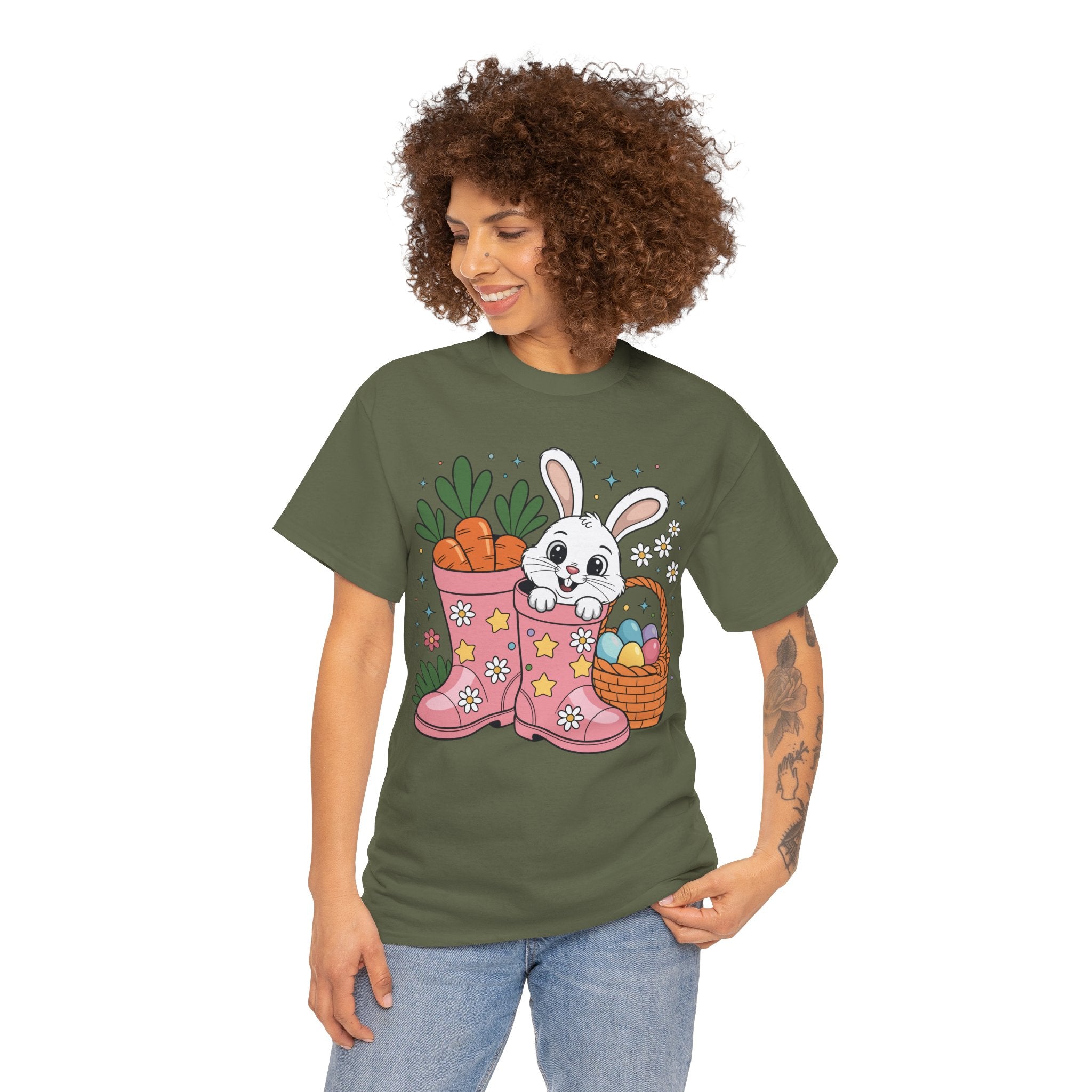 Easter Bunny in Pink Rain Boots T-Shirt — Cartoon Bunny, Carrots & Colorful Eggs Unisex Cotton Tee