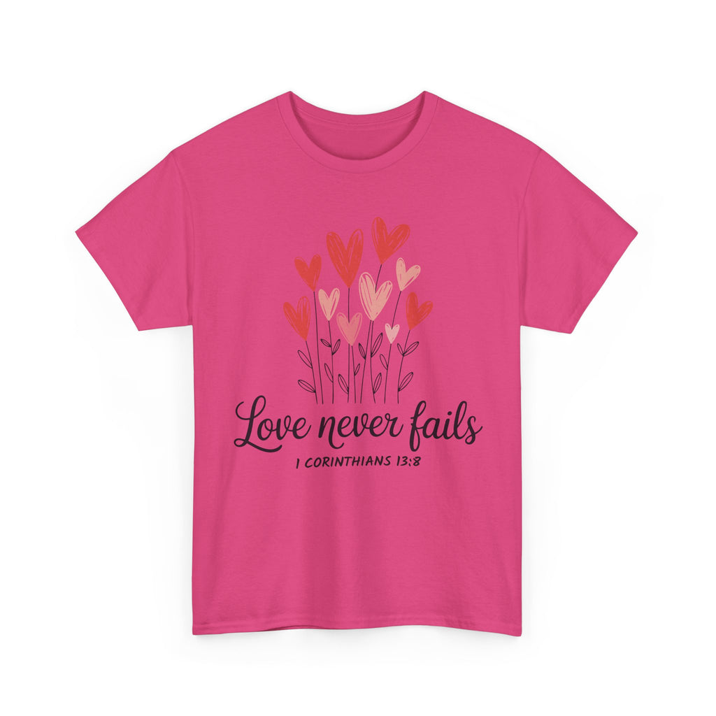 Christian Valentine T-Shirt — "Love Never Fails" (1 Corinthians 13:8) Unisex Cotton Tee