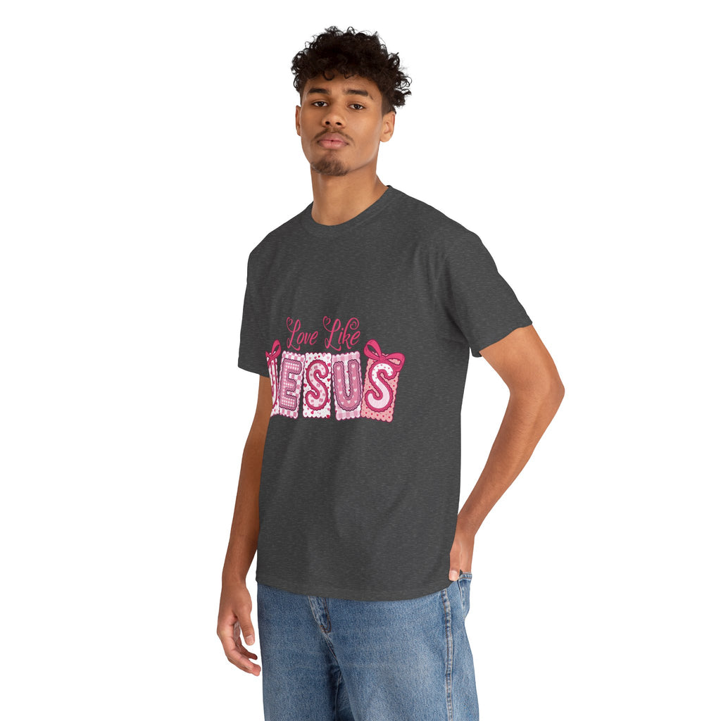 Love Like Jesus Patchwork Tee — Pink Stitched Heart Graphic.Unisex Cotton Tee