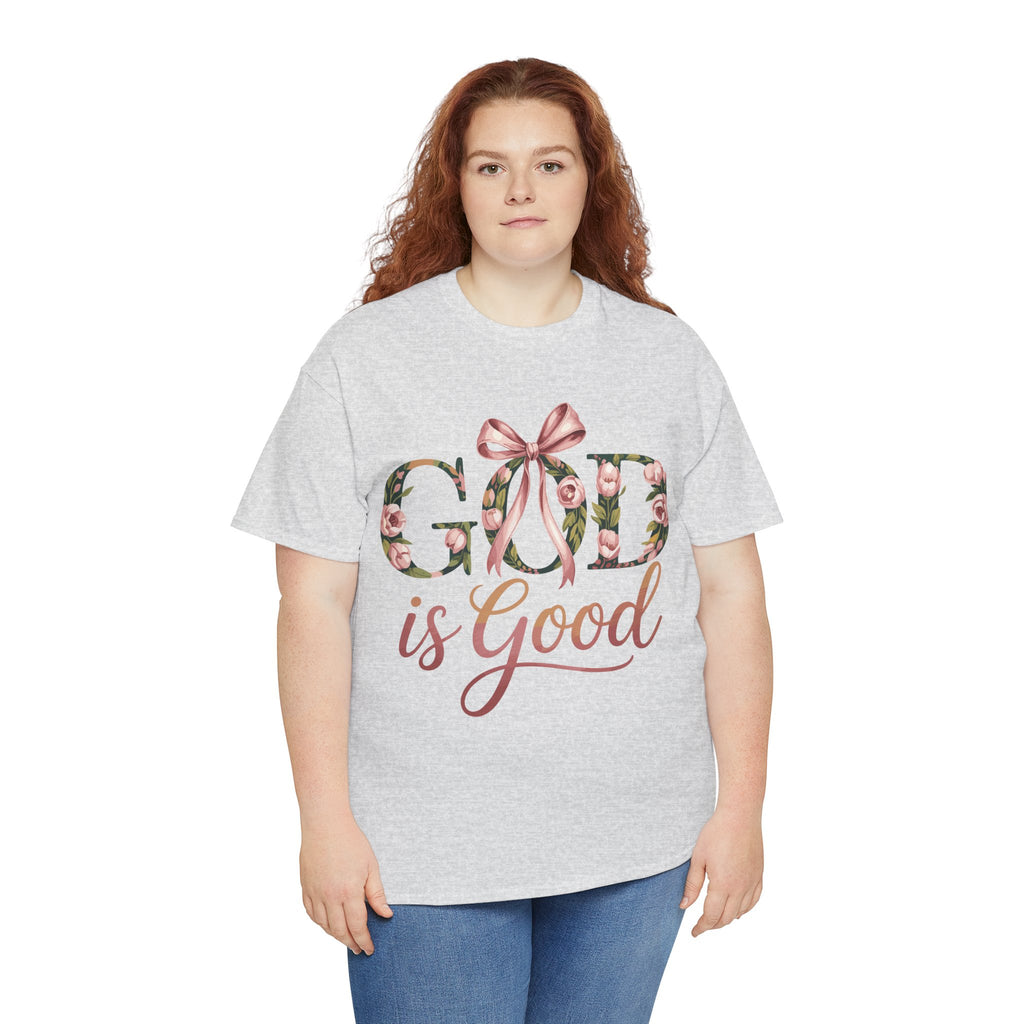God Is Good Pink Rose Tee — Floral Ribbon Faith Unisex Cotton T-Shirt
