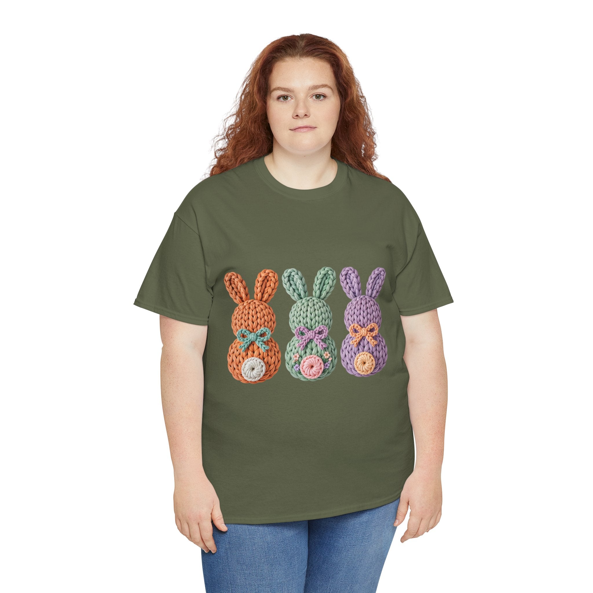 Pastel Crochet Bunny Tee — Trio of Faux Knit Bunnies with Bows & Flowers Unisex Cotton Tee