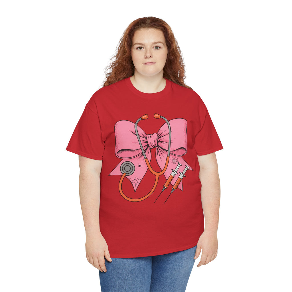Halloween Nurse T‑Shirt — Pink Nurse Bow with Stethoscope, Syringes & Spider Webs..Unisex Cotton Tee