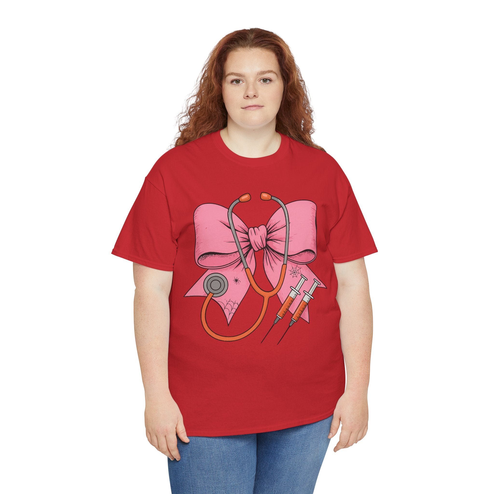 Halloween Nurse T‑Shirt — Pink Nurse Bow with Stethoscope, Syringes & Spider Webs..Unisex Cotton Tee