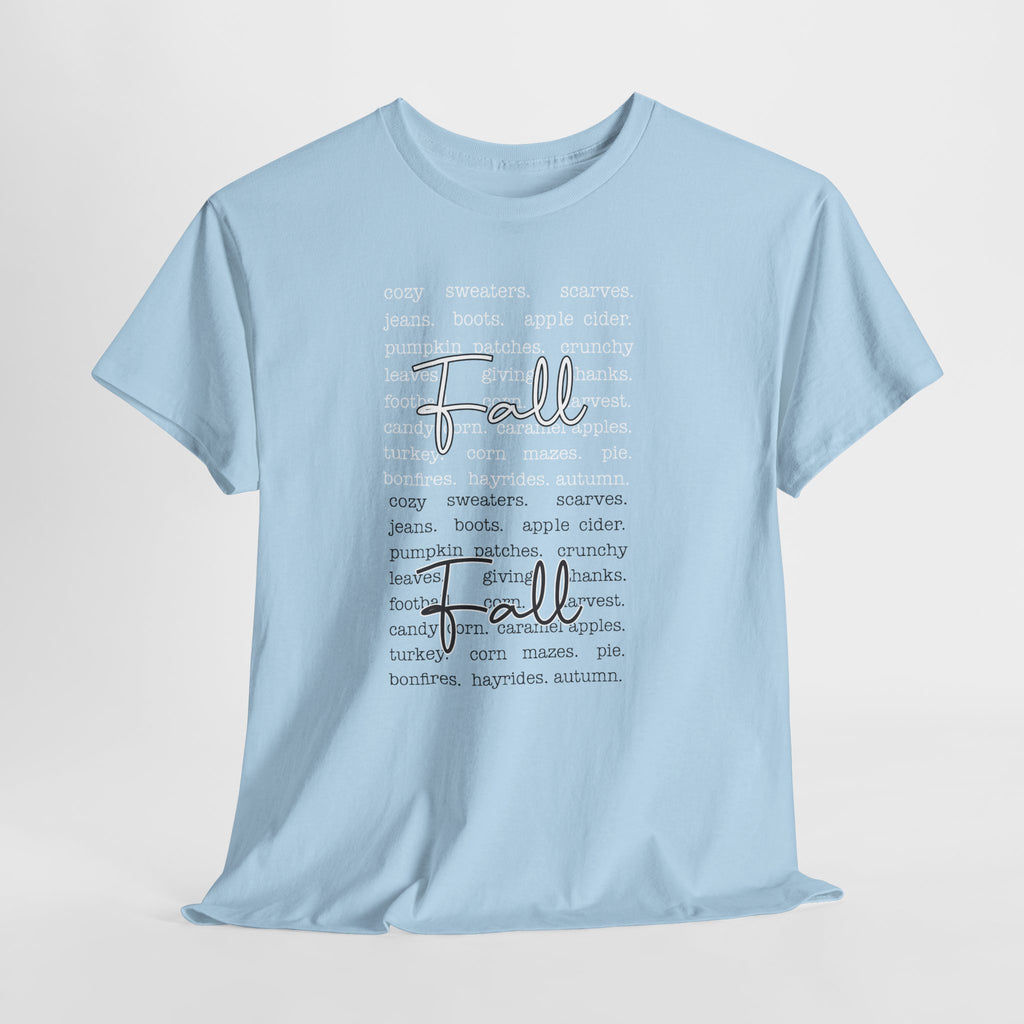 Fall Cursive Typography T-Shirt — Sweaters, Cider & Pumpkins. Unisex Cotton Tee