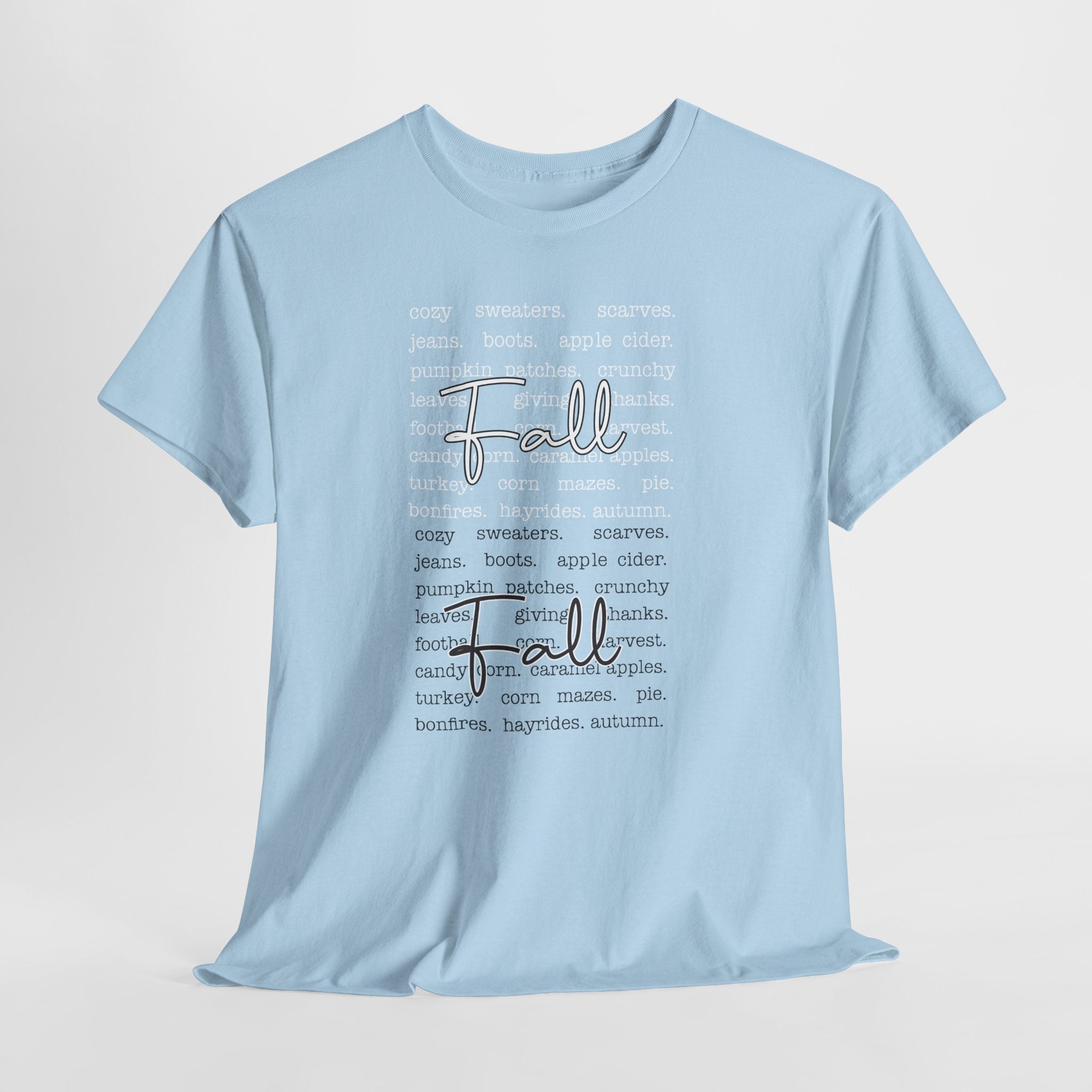 Fall Cursive Typography T-Shirt — Sweaters, Cider & Pumpkins. Unisex Cotton Tee