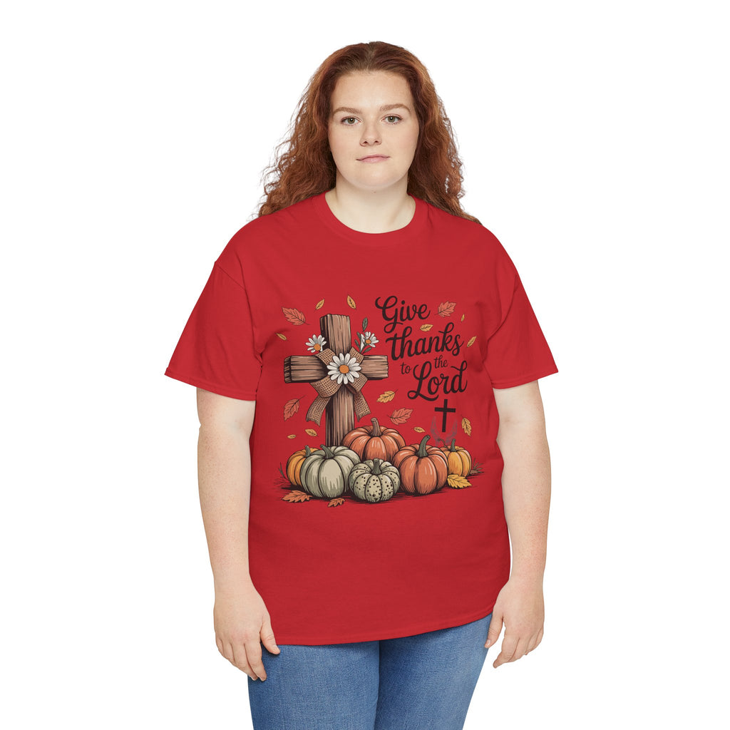 Give Thanks to the Lord Autumn Tee — Wooden Cross, Pumpkins & Daisies..Unisex Cotton Tee