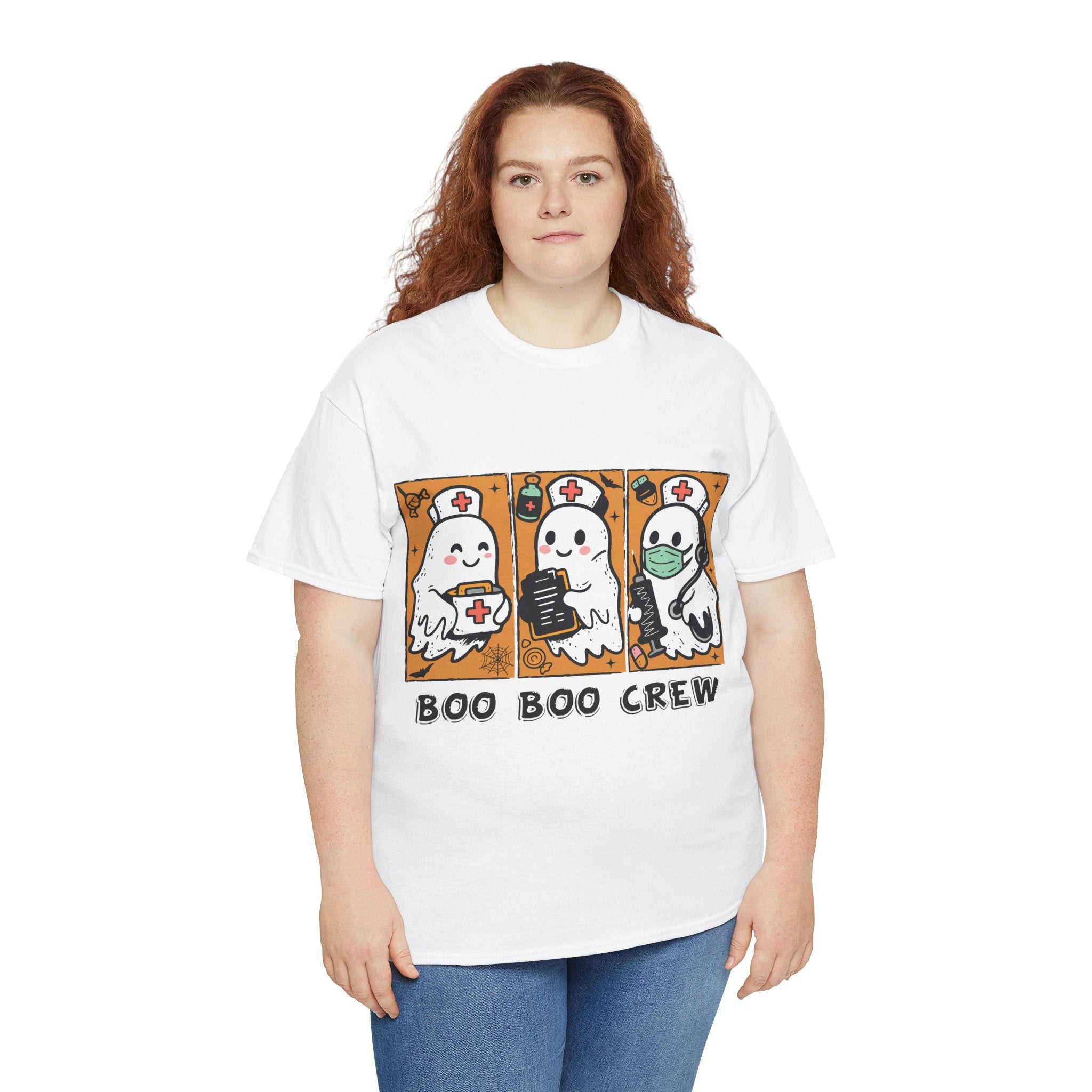 Halloween Nurse T-Shirt — Ghost Nurses Holding Medical Tools on Orange Unisec Cotton Tee