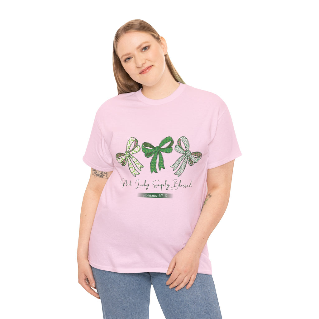 Not Lucky Simply Blessed Tee — Romans 4:7-8 Green Bow Christian Unisex Cotton T-Shirt