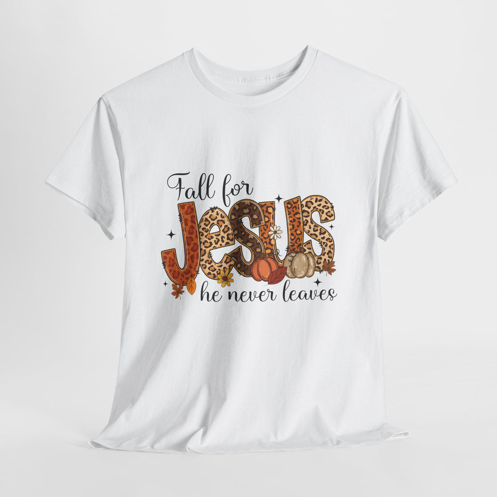 JESUS Leopard Print Fall T-Shirt — Pumpkins, Leaves & Floral Christian Unisex Cotton Tee