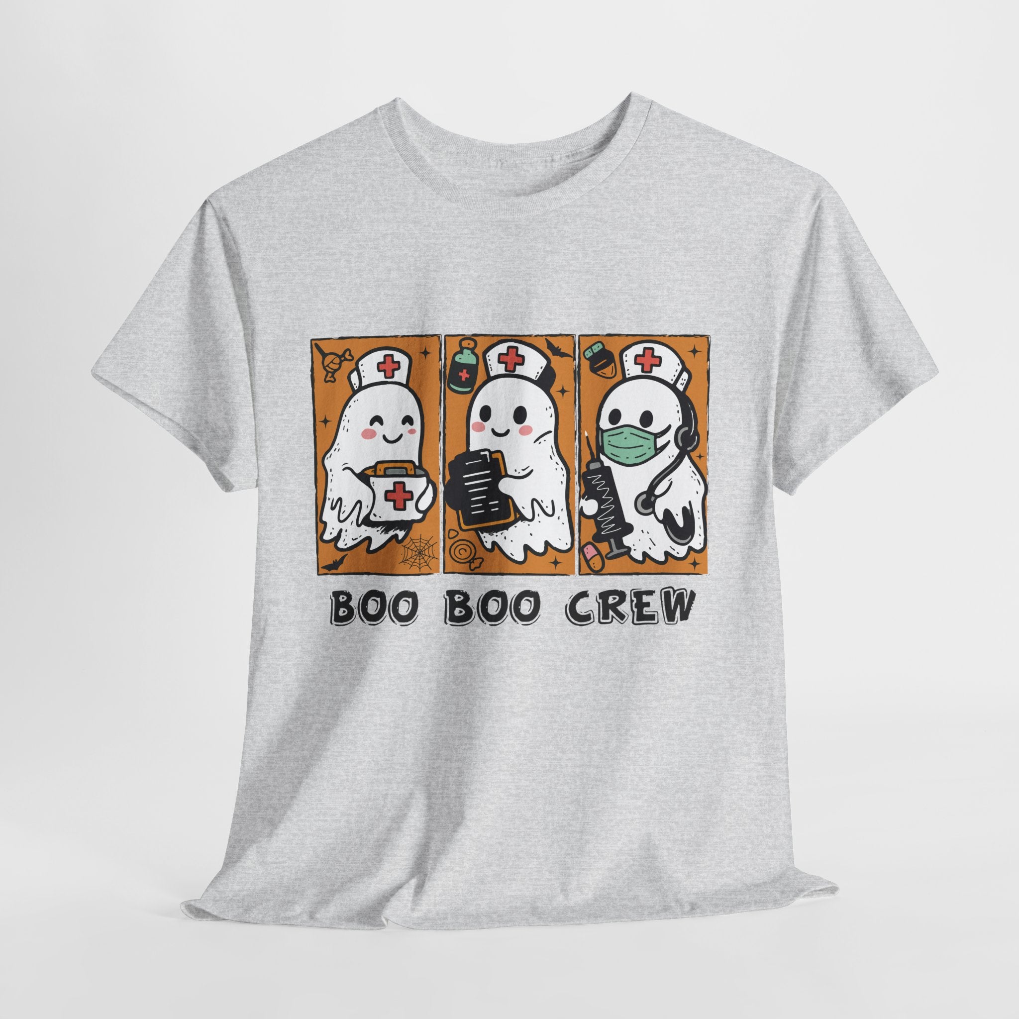 Halloween Nurse T-Shirt — Ghost Nurses Holding Medical Tools on Orange Unisec Cotton Tee
