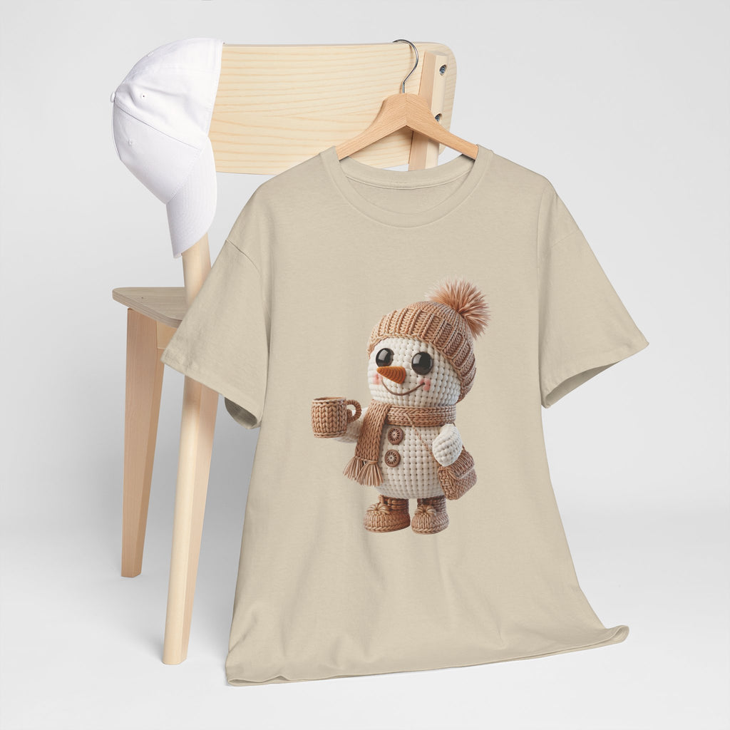 Cozy Snowman Tee — Smiling Snowman with Mug, Scarf & Beanie. Unisex Cotton Tee
