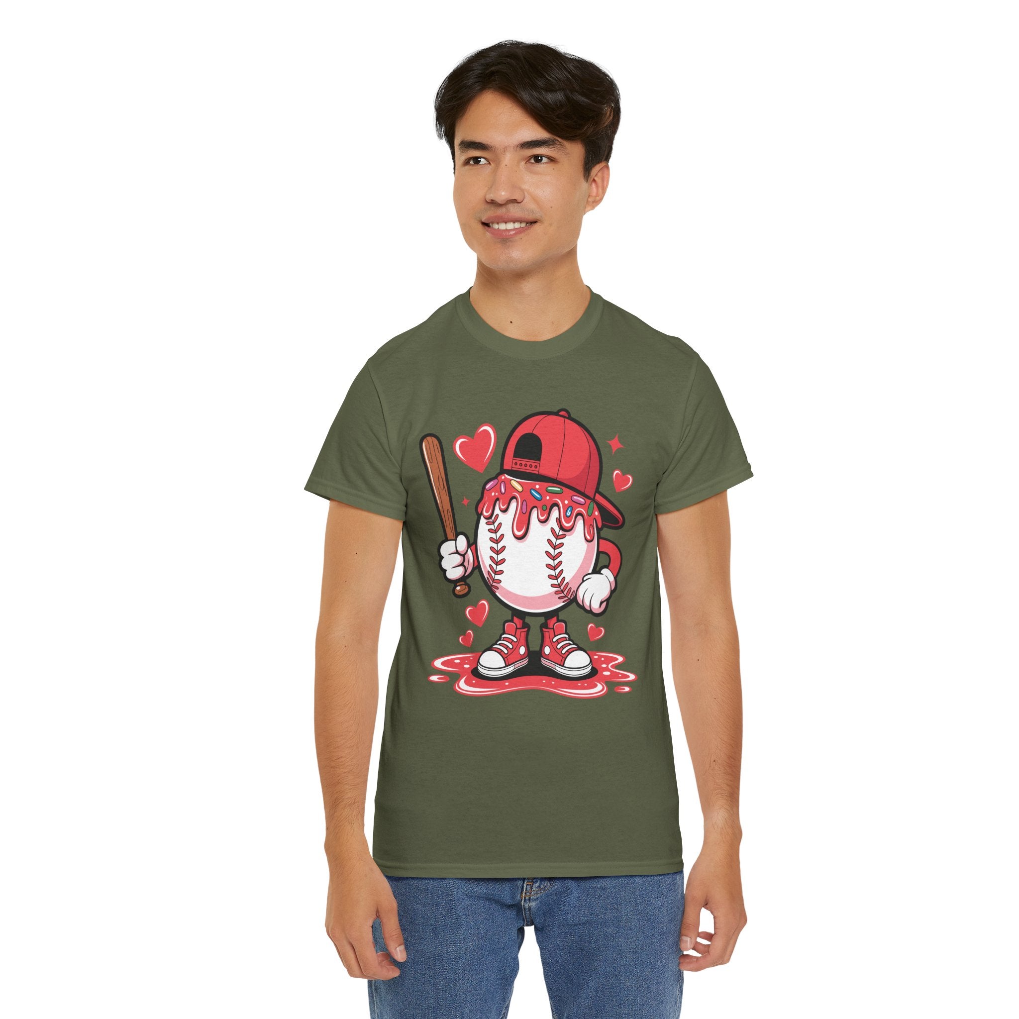 Cute Baseball Character T-Shirt — Red Cap & Icing Top Graphic with Hearts Unisex Cotton Tee