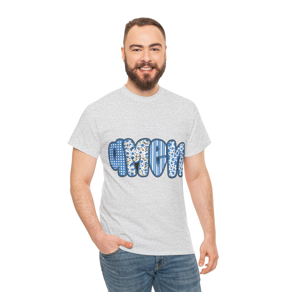 Amen Blue Floral Tee — Decorative Floral Lettering Christian Shirt Unisex Cotton Tee