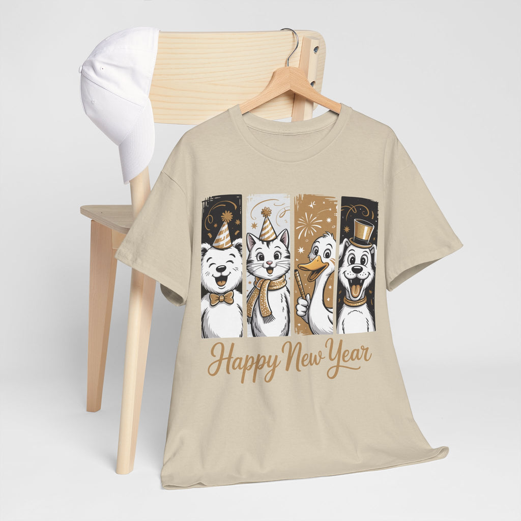 Happy New Year Party Animals T-Shirt — Cute Smiling Animals in Party Hats & Gold Fireworks..Unisex Cotton Tee