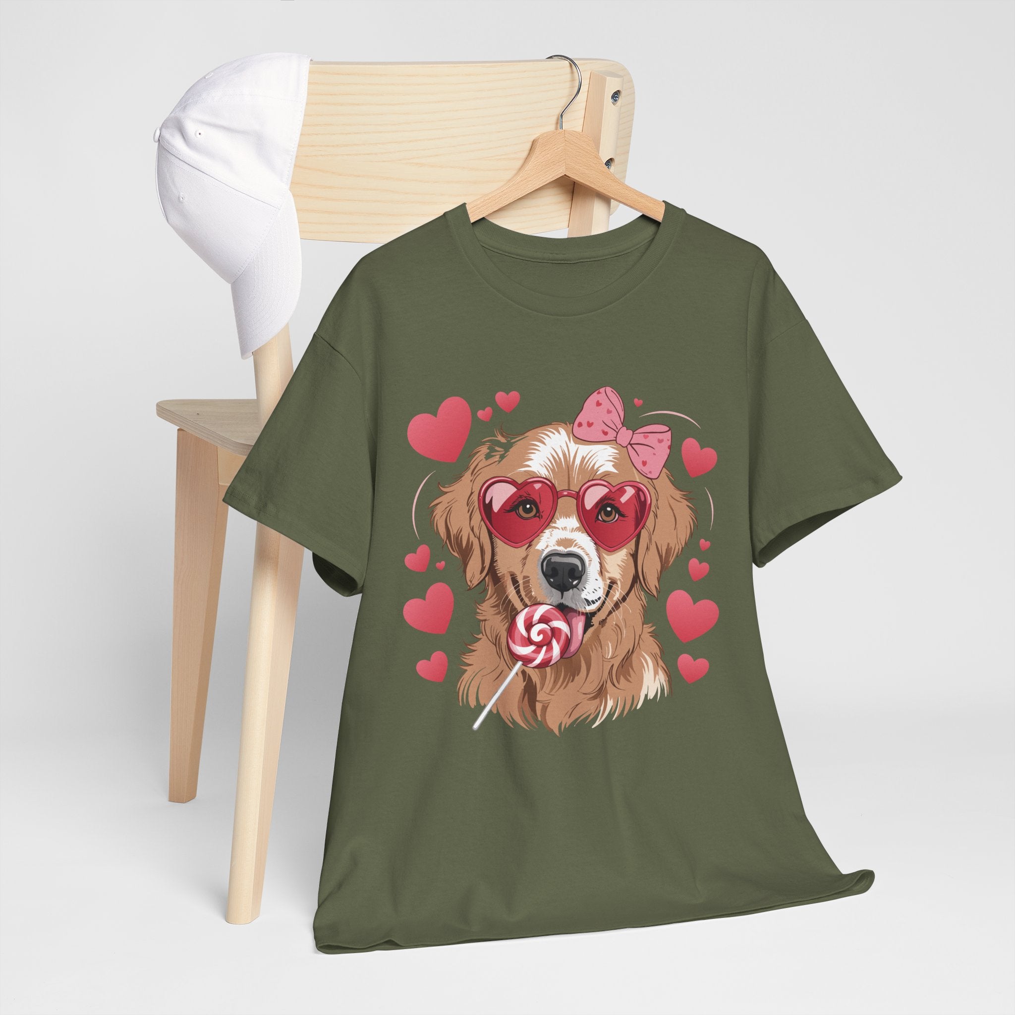 Valentine Dog T-Shirt — Cute Pup with Heart Glasses, Pink Bow & Lollipop..Unisex Cotton Tee