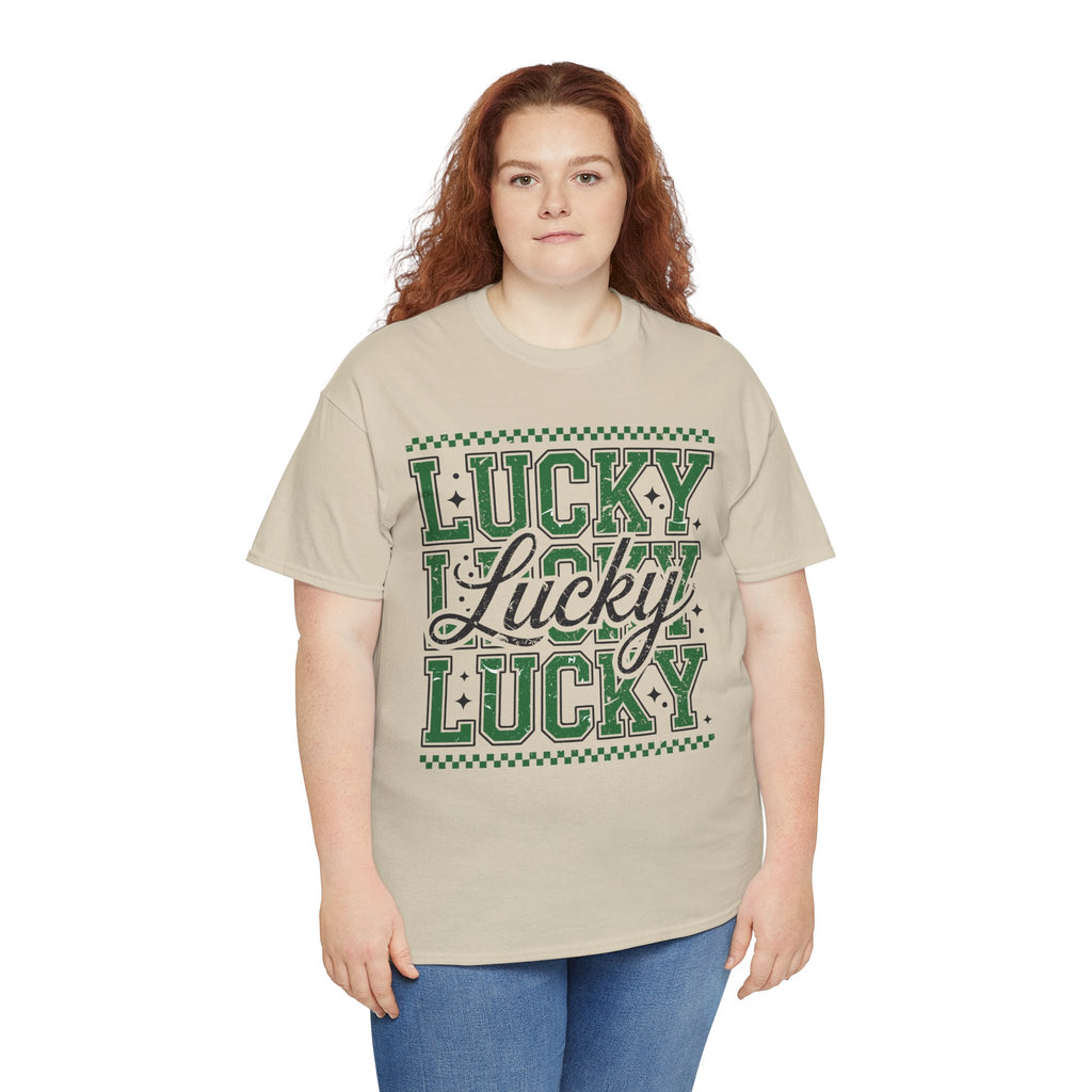 Lucky Varsity Tee — Layered Green ‘Lucky’ Graphic Unisex Cotton Tee