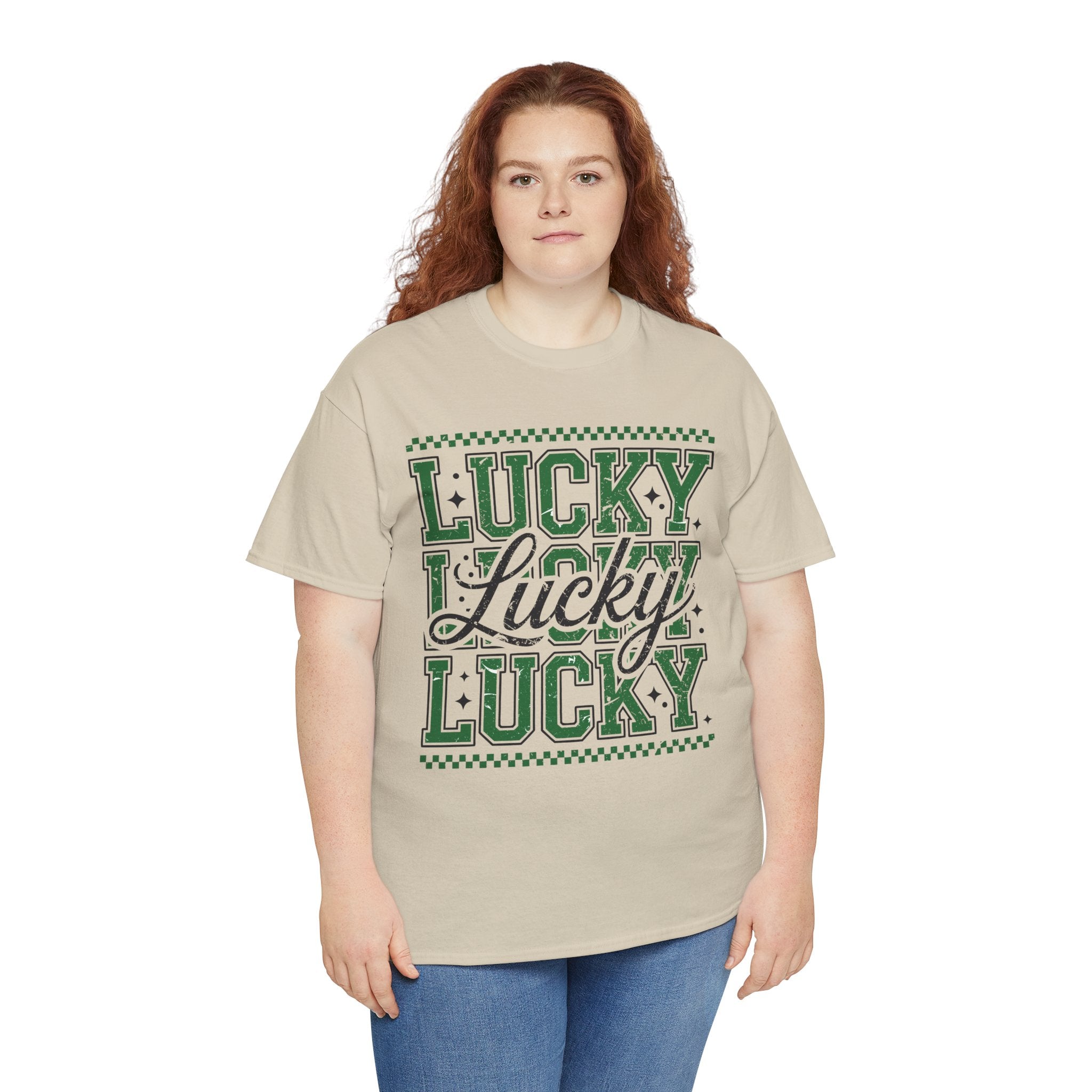 Lucky Varsity Tee — Layered Green ‘Lucky’ Graphic Unisex Cotton Tee