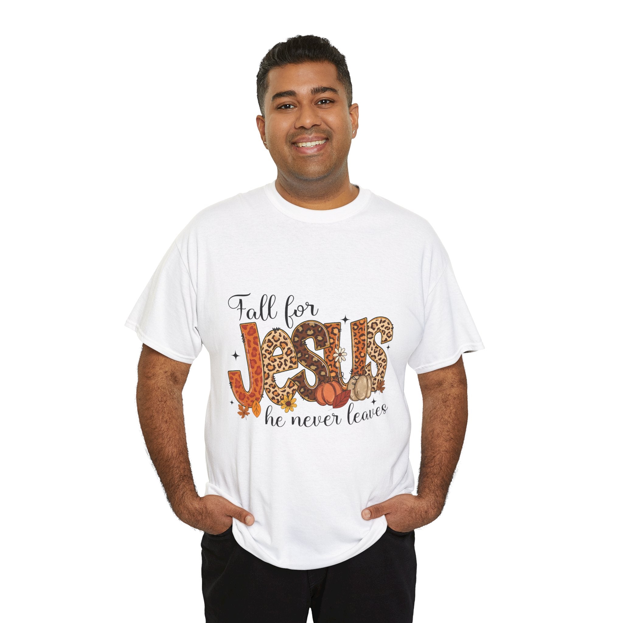 JESUS Leopard Print Fall T-Shirt — Pumpkins, Leaves & Floral Christian Unisex Cotton Tee