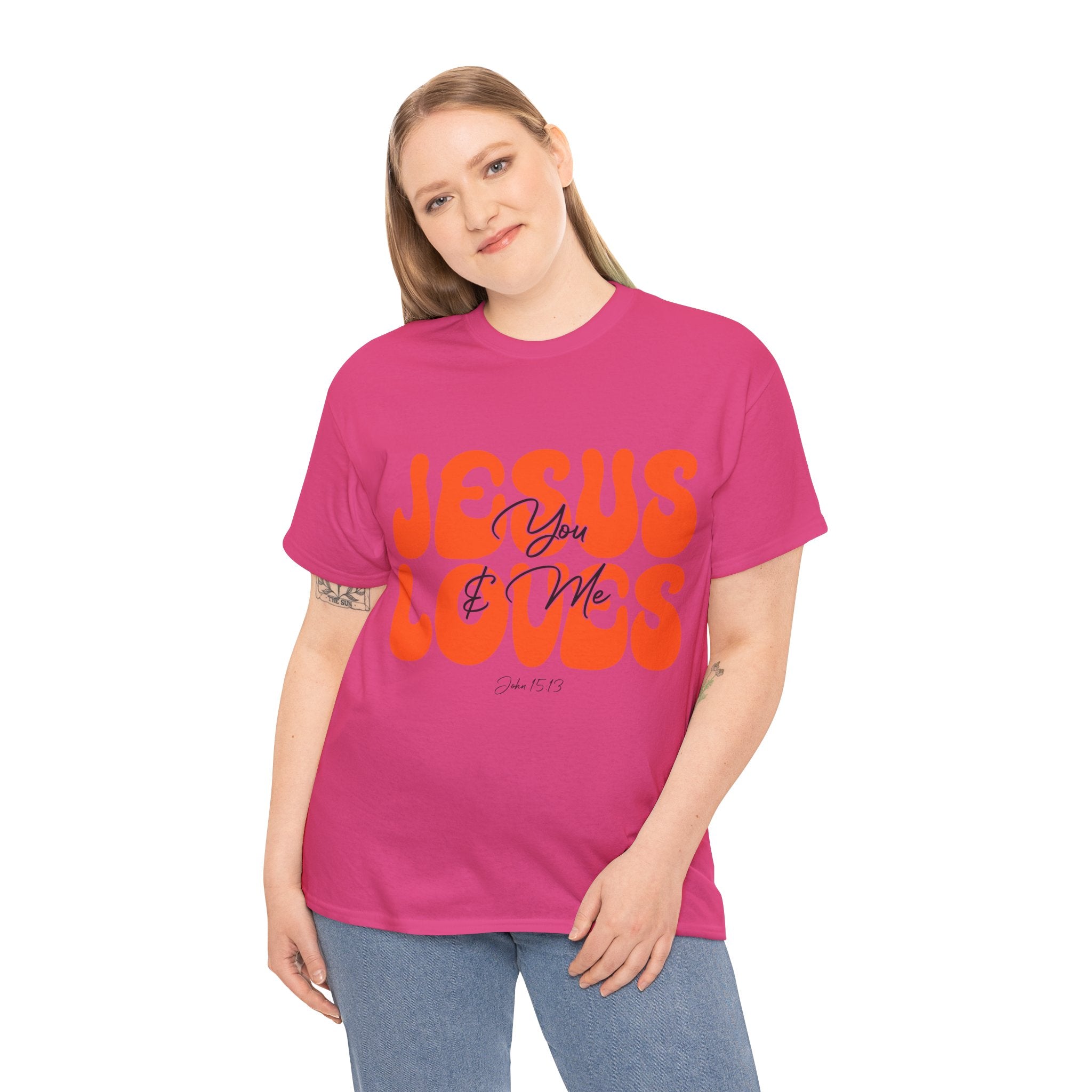 Jesus Loves You & Me Retro Tee — Playful Orange Bubbly Christian Unisex Cotton T-Shirt