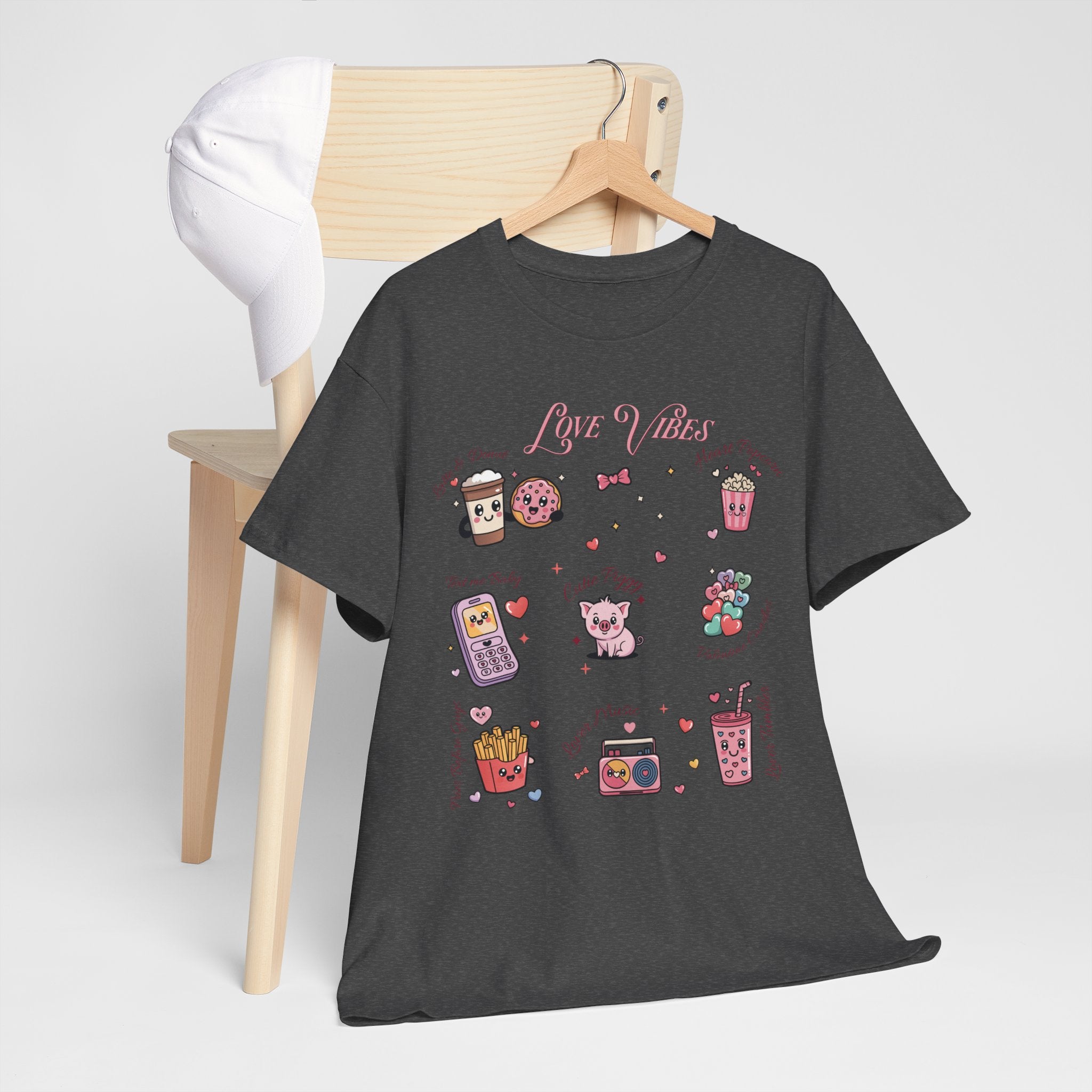 Love Vibes Kawaii Valentine T-Shirt — Cute Donut, Coffee & Piglet Design Unisex Cotton Tee