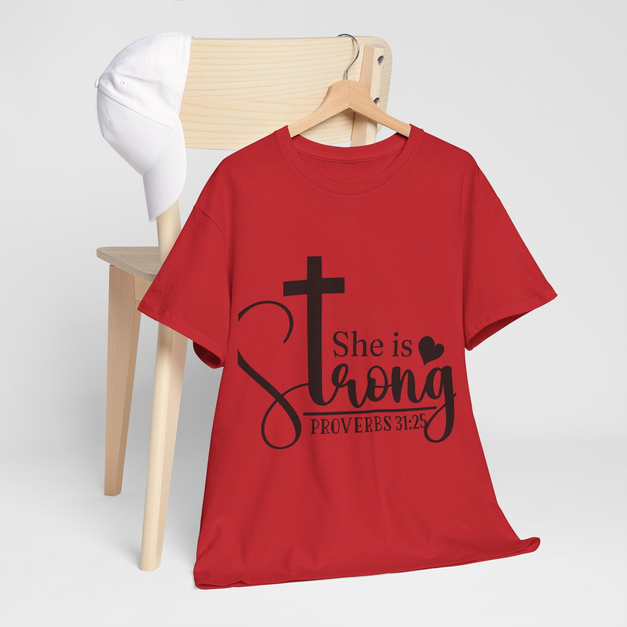 Proverbs 31:25 'She is Strong' T-Shirt – Christian Cross & Heart Unisex Cotton Tee